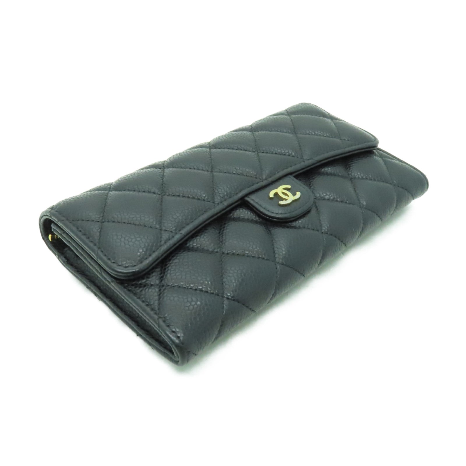 CHANEL Caviar皮革Long Wallet金扣長錢包黑色
