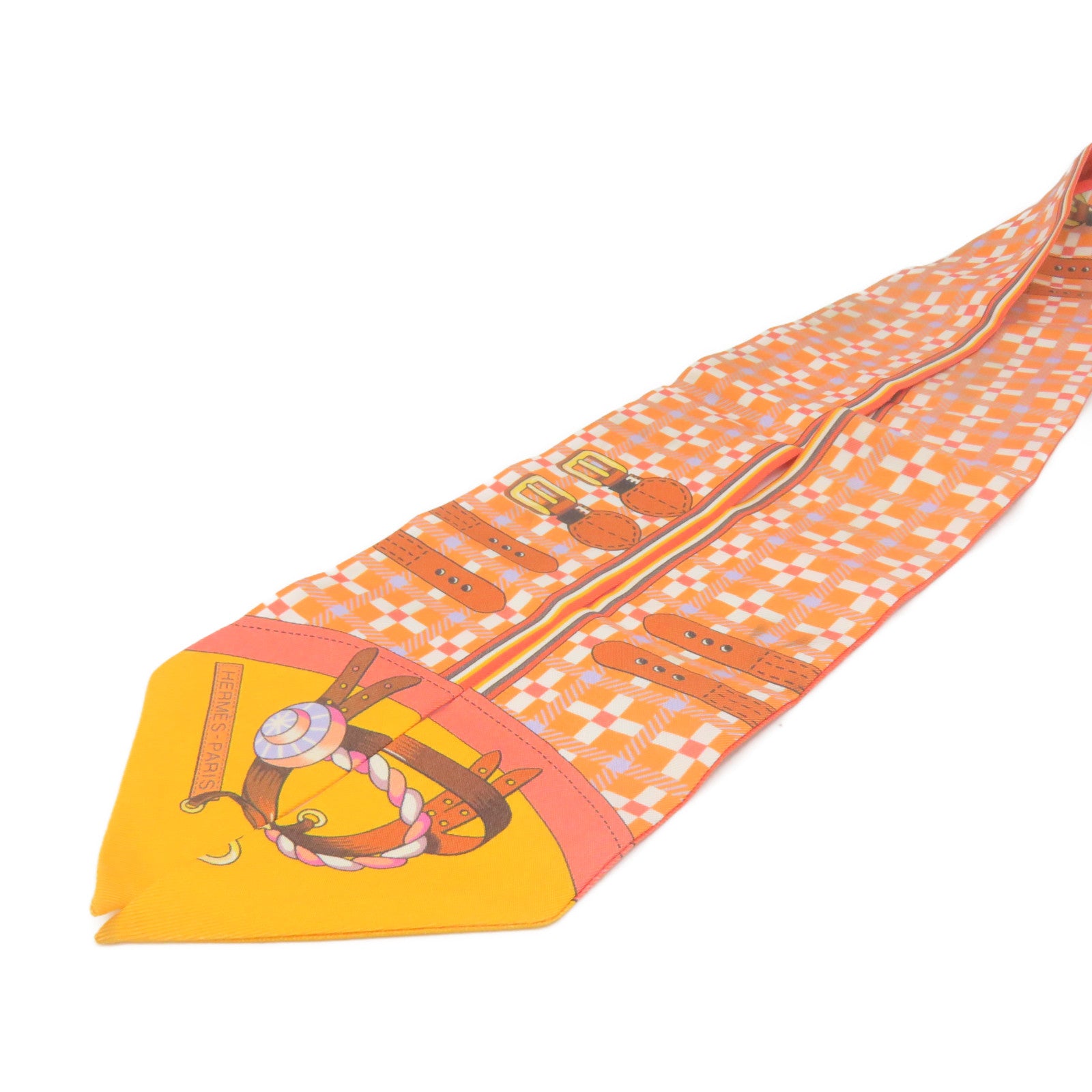 HERMES 絲質Twilly Scarf絲巾橙色/白色/彩色