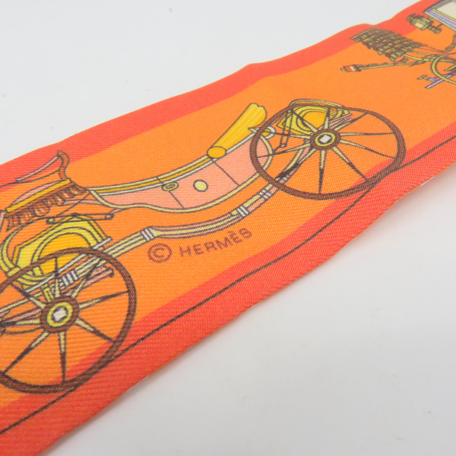 HERMES 絲質Twilly Scarf絲巾橙色/白色/彩色