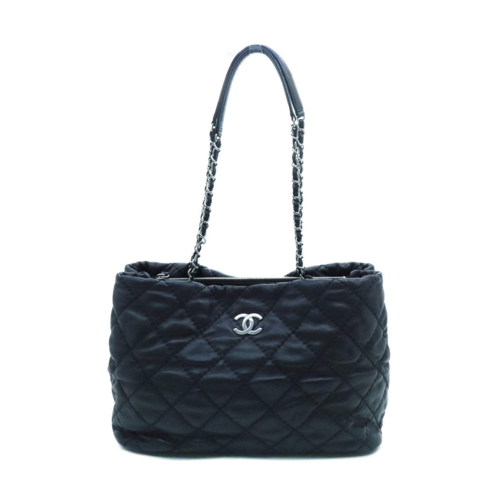 CHANEL rhombic cowhide leather Tote Bag silver buckle handle bag black