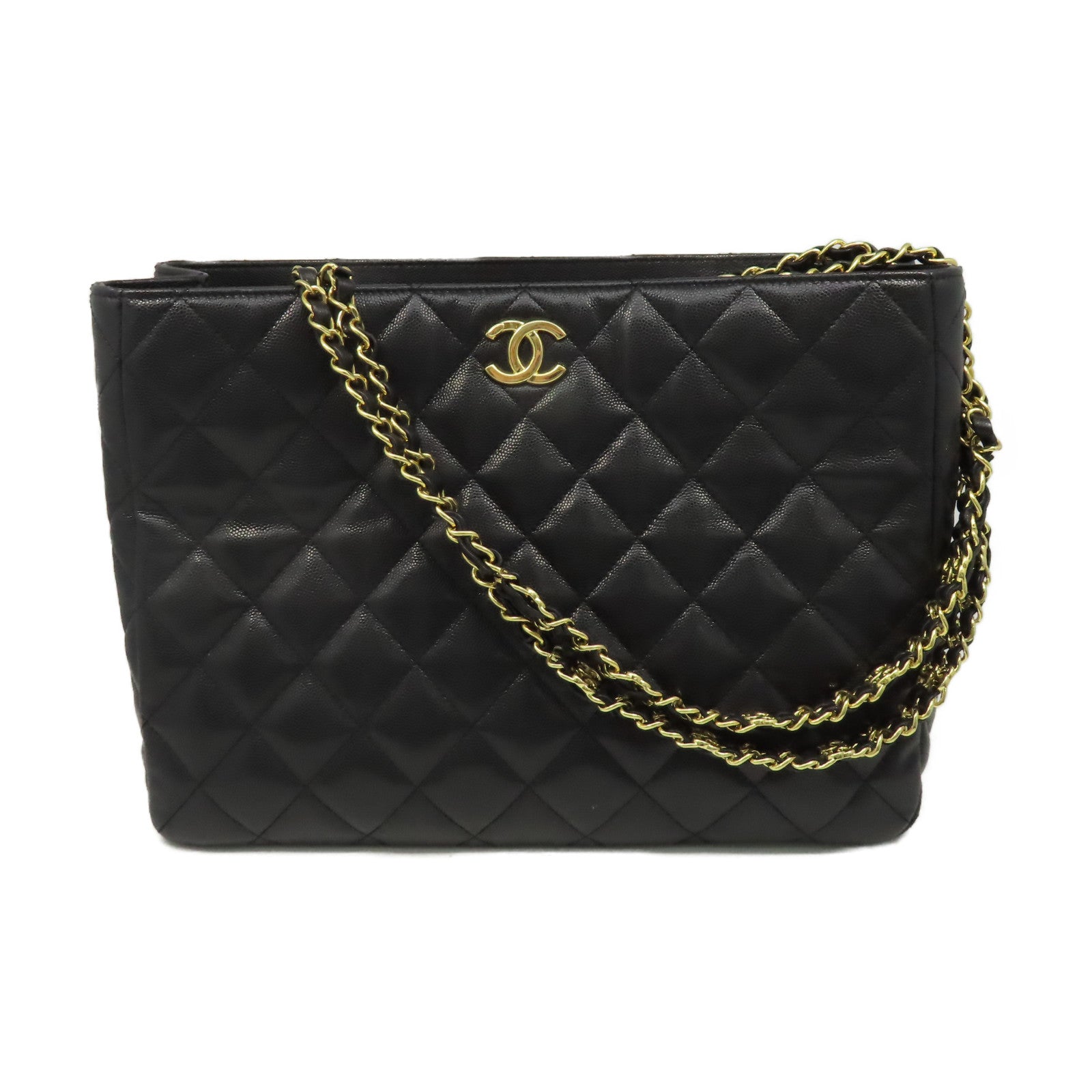 CHANEL 菱格Caviar皮革Matelasse Shoulder Tote Bag金扣肩背袋黑色