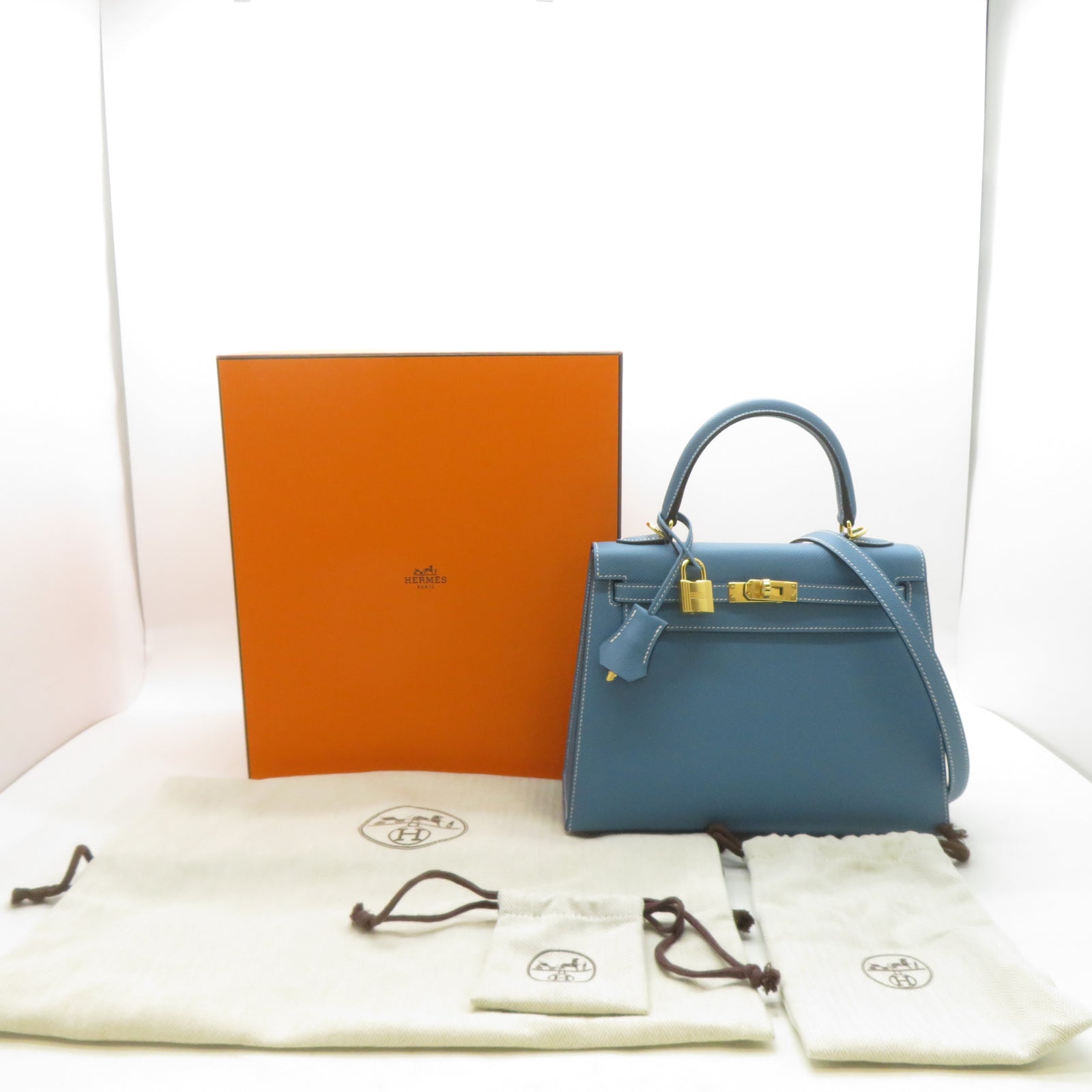 HERMES Epsom皮革Kelly 25金扣手挽肩背兩用袋New Bleu Jean新牛仔藍色