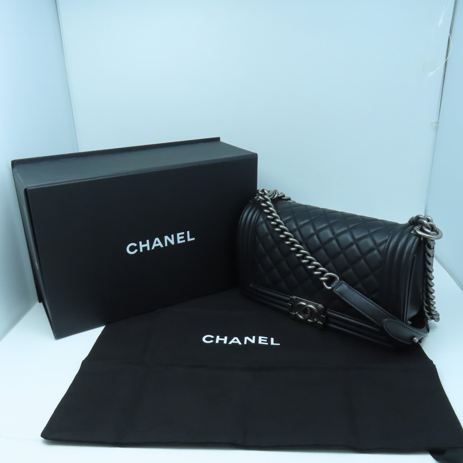 CHANEL Rhombus Sheepskin Leather Boy 25 Silver Buckle Chain Shoulder Bag Black