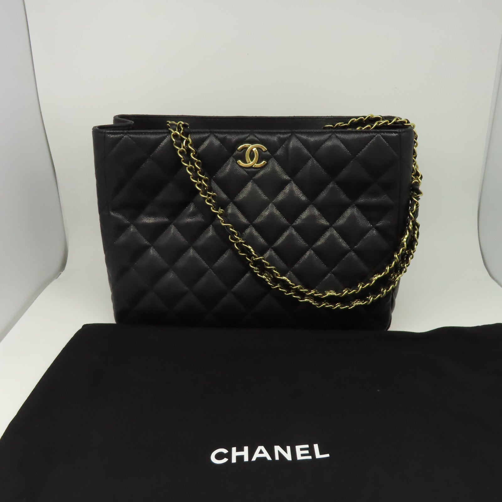 CHANEL 菱格Caviar皮革Matelasse Shoulder Tote Bag金扣肩背袋黑色