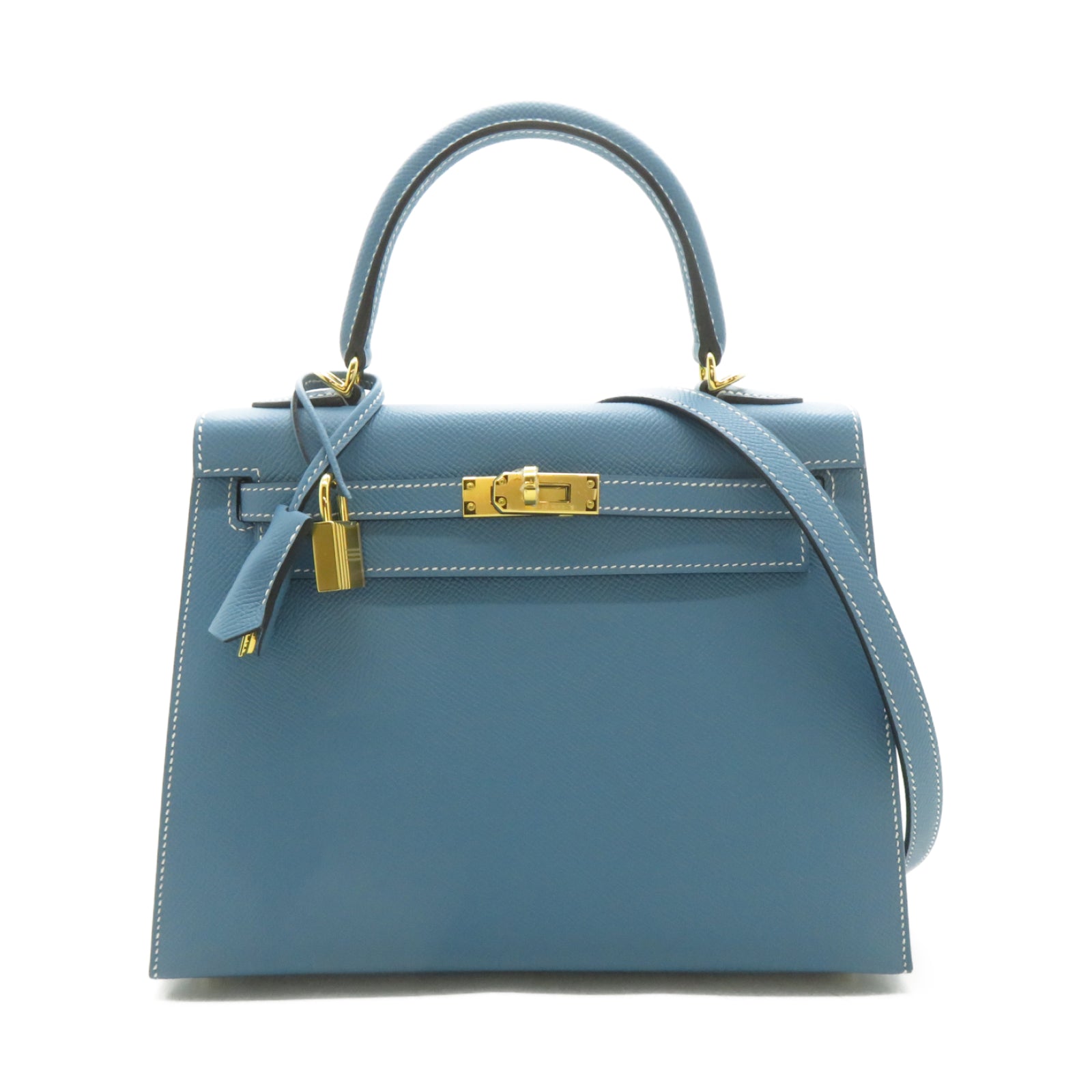 HERMES Epsom皮革Kelly 25金扣手挽肩背兩用袋New Bleu Jean新牛仔藍色