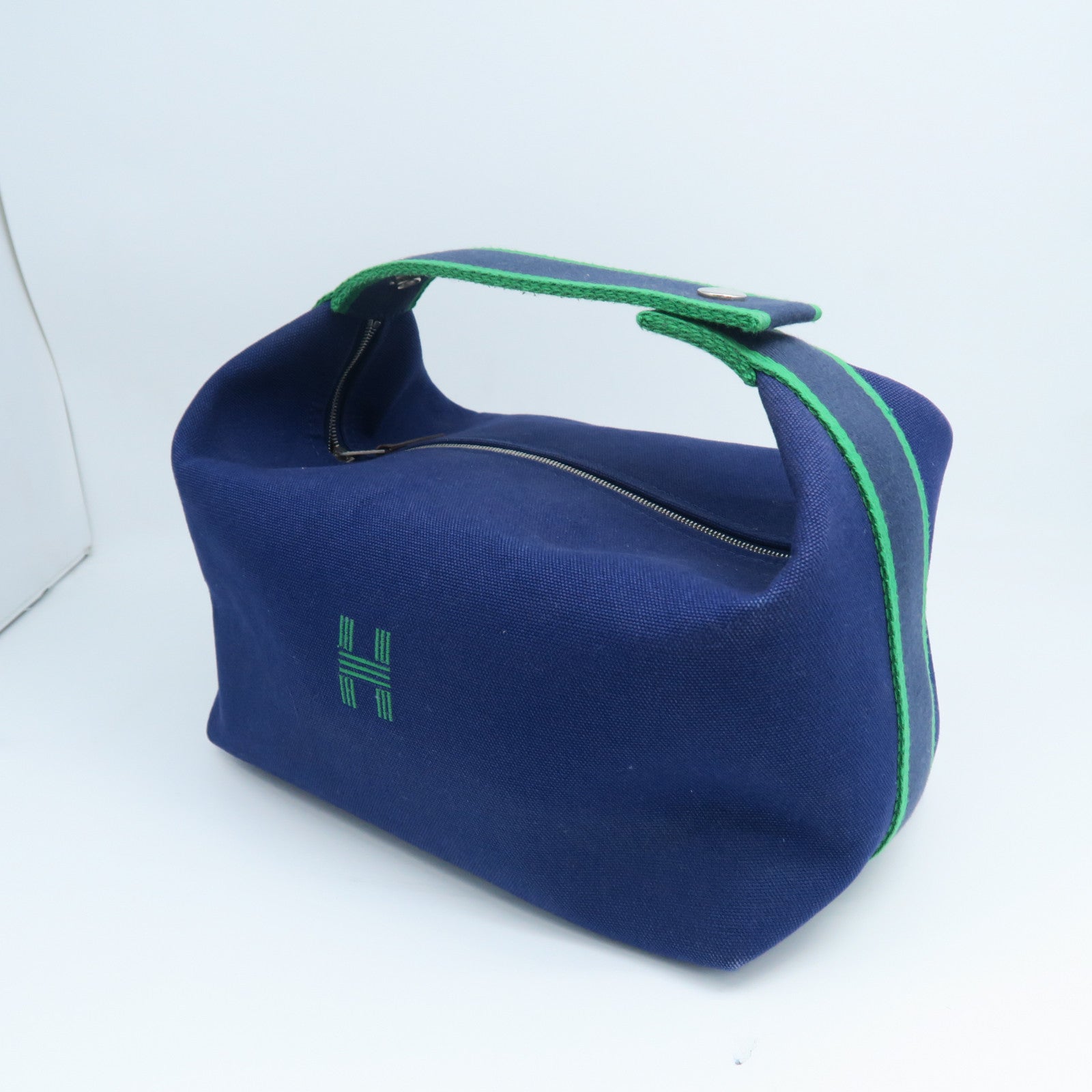 HERMES Canvas Bride A Brac GM Silver Button Handle Bag Blue/Green