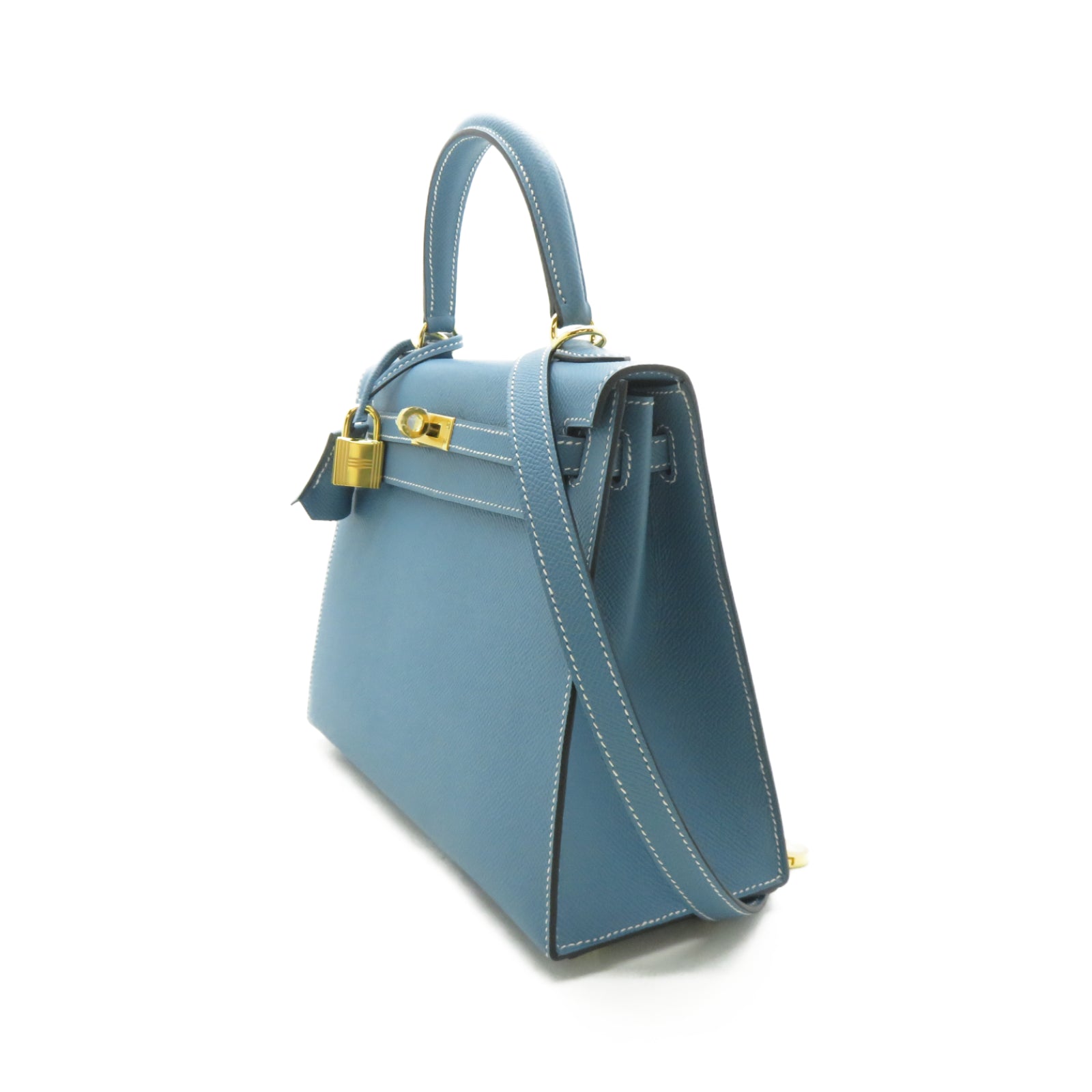 HERMES Epsom皮革Kelly 25金扣手挽肩背兩用袋New Bleu Jean新牛仔藍色
