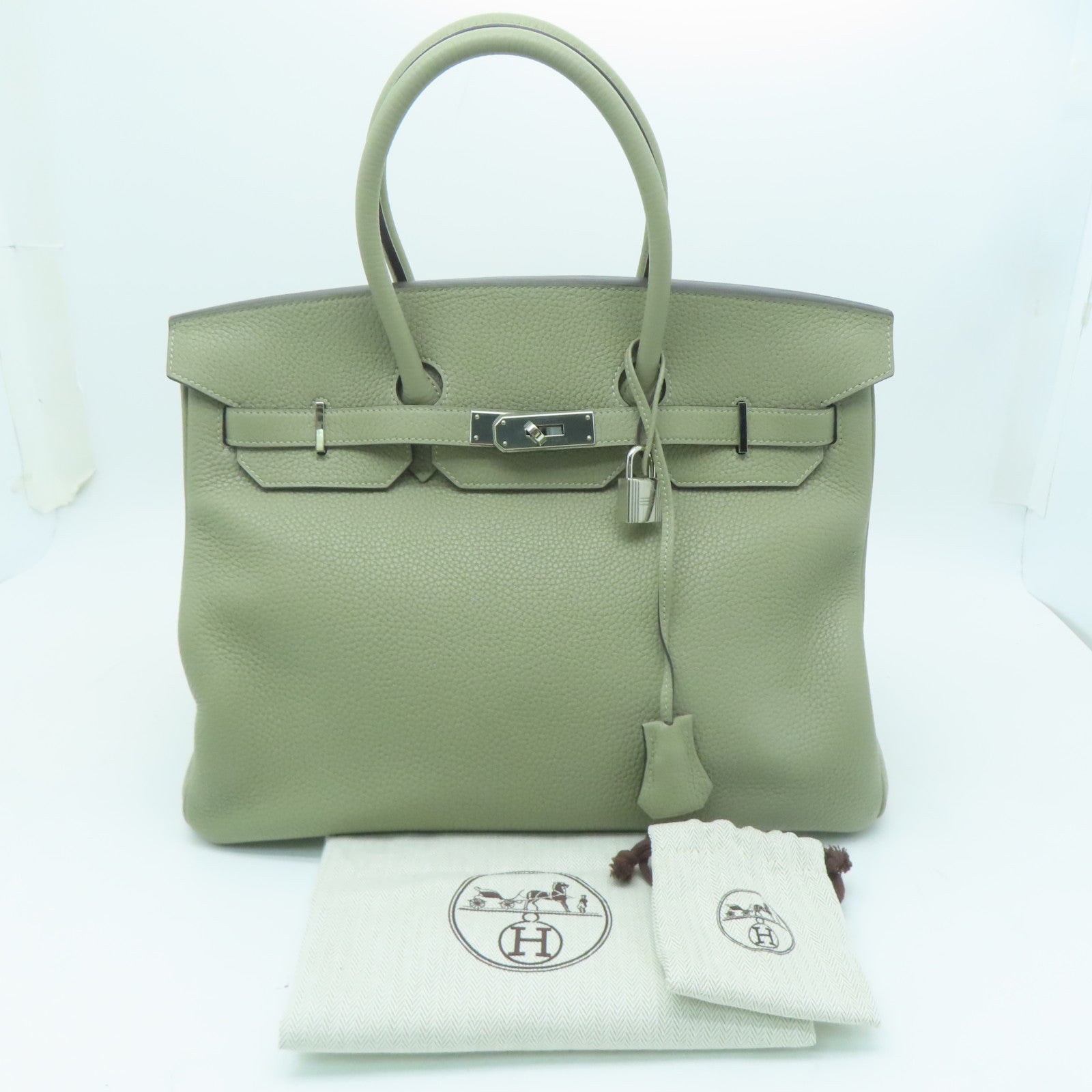 HERMES 【激減優惠】Clemence皮革Birkin 35銀扣手挽袋鼠尾草色