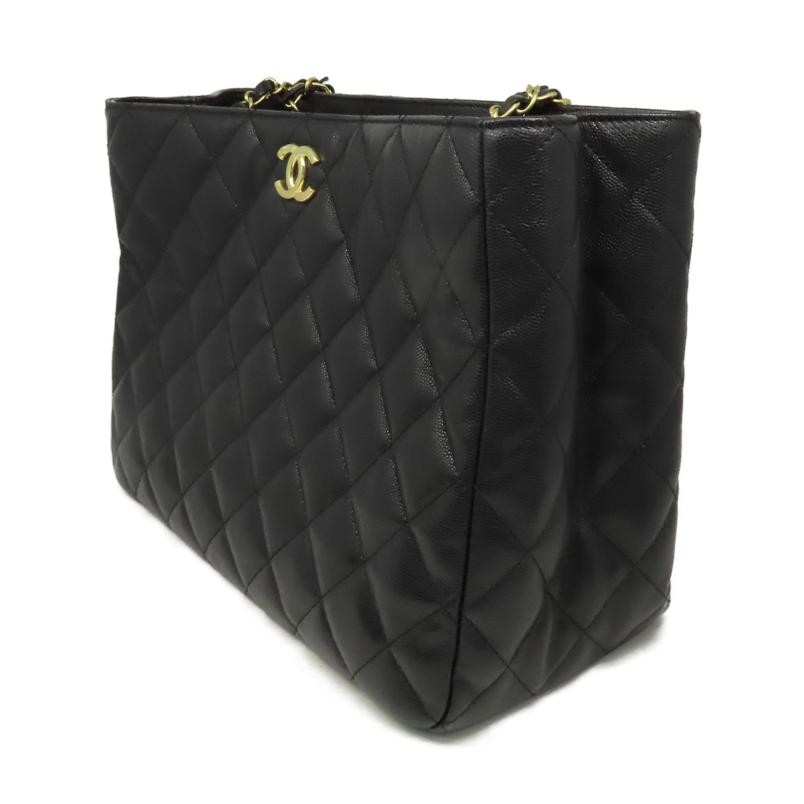 CHANEL 菱格Caviar皮革Matelasse Shoulder Tote Bag金扣肩背袋黑色