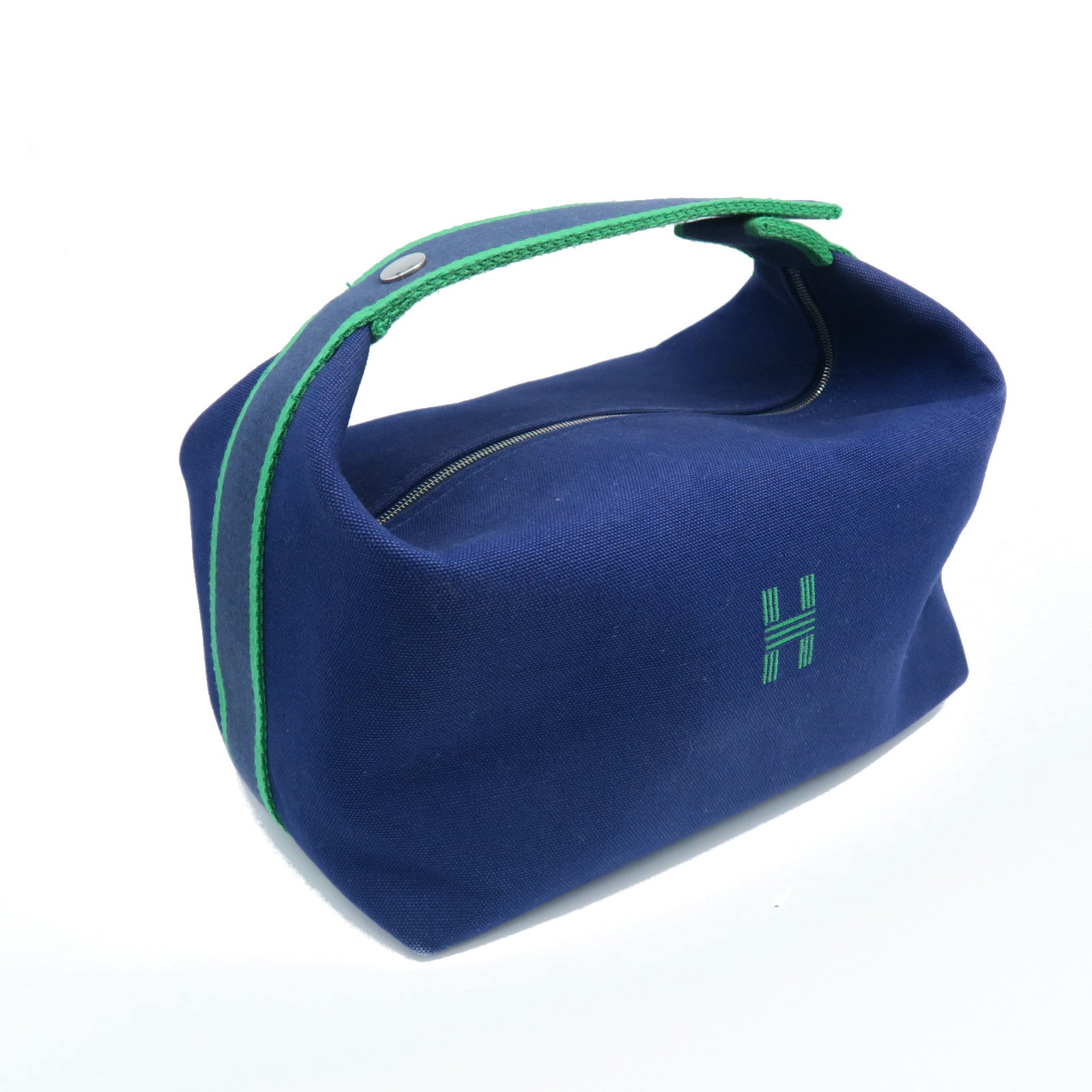 HERMES Canvas Bride A Brac GM Silver Button Handle Bag Blue/Green