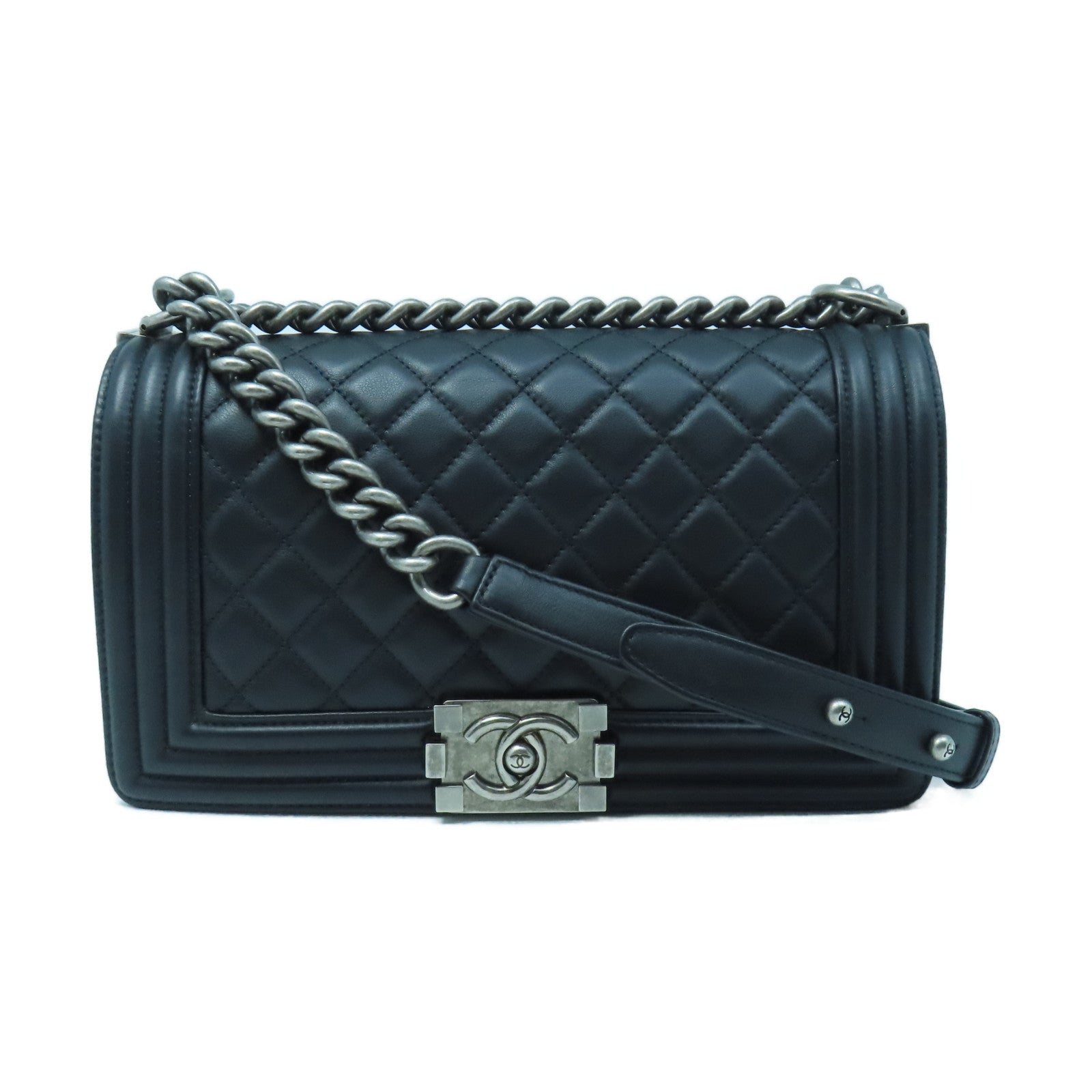 CHANEL Rhombus Sheepskin Leather Boy 25 Silver Buckle Chain Shoulder Bag Black