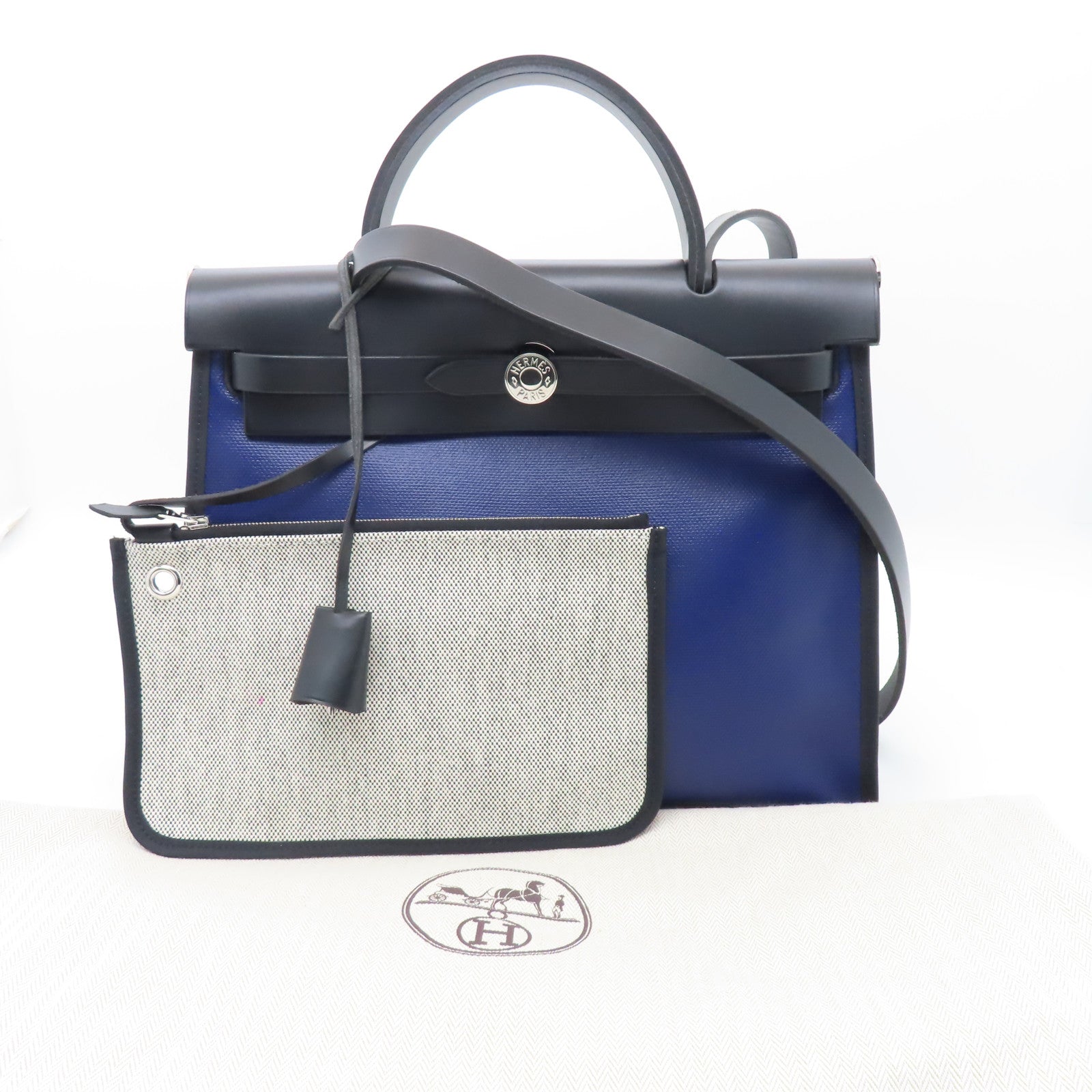 HERMES 塗層帆布HerBag PM銀扣手挽肩背兩用袋藍色/黑色