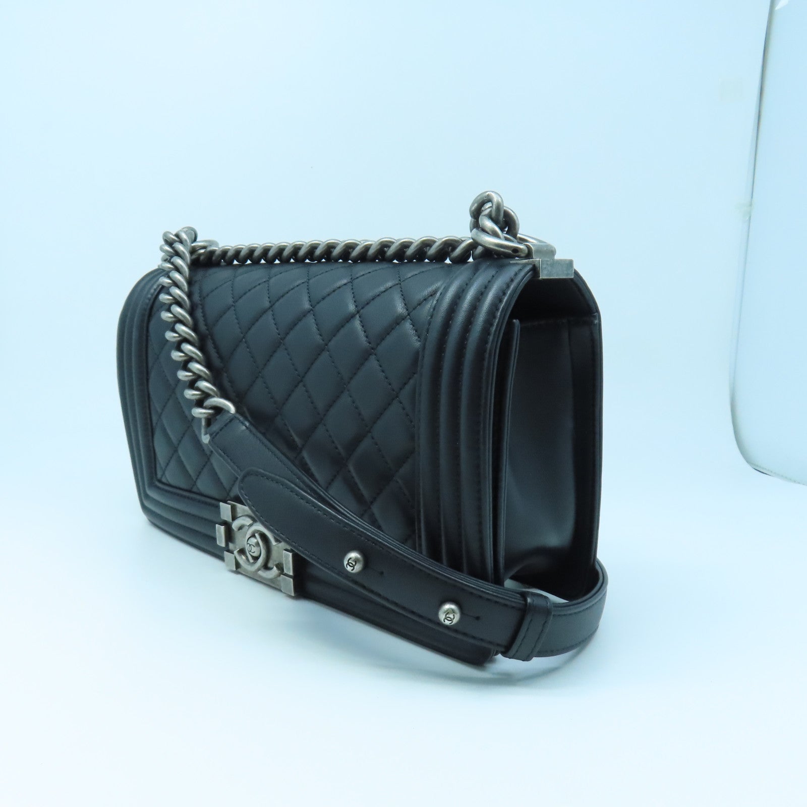 CHANEL Rhombus Sheepskin Leather Boy 25 Silver Buckle Chain Shoulder Bag Black