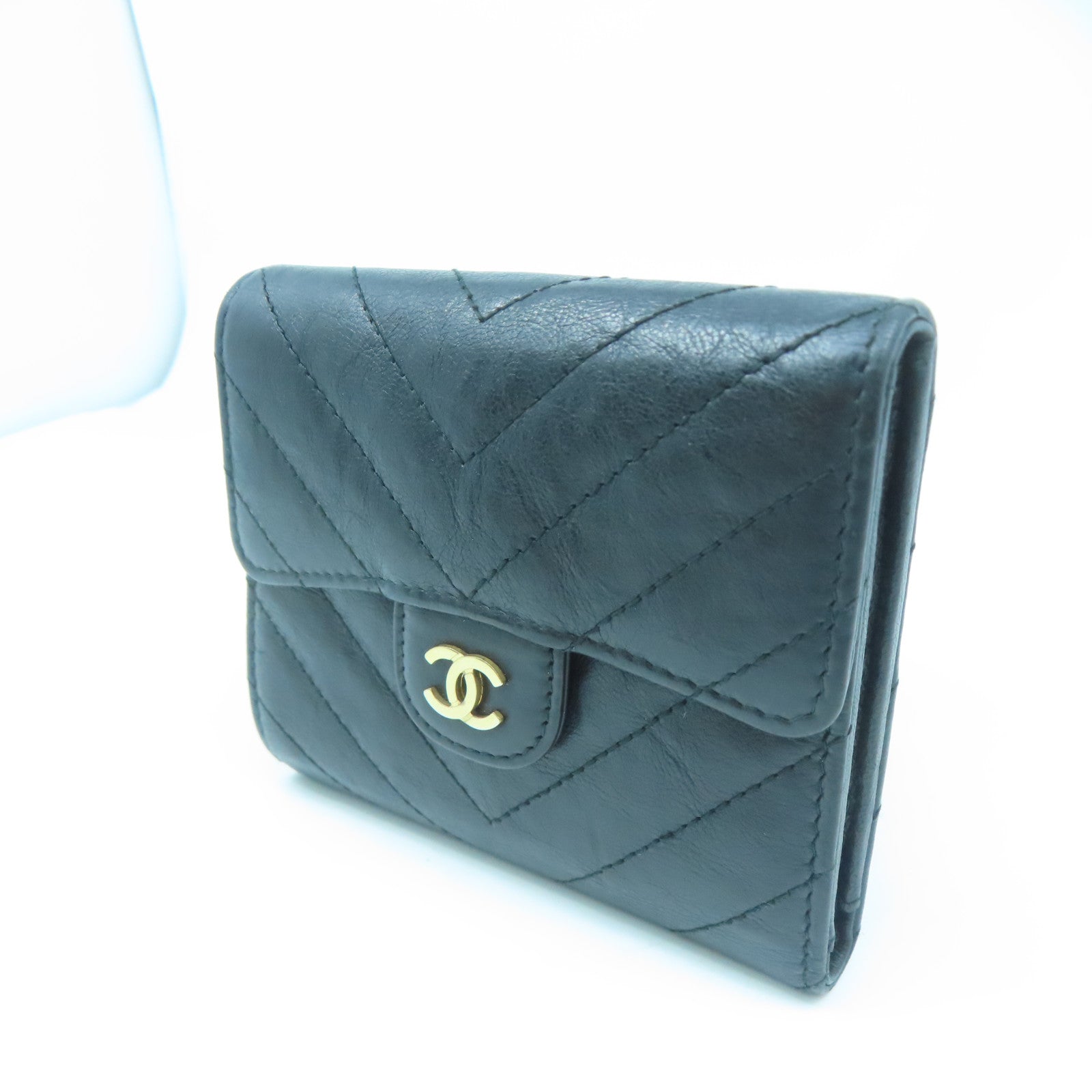 CHANEL 牛皮皮革Wallet金扣錢包黑色