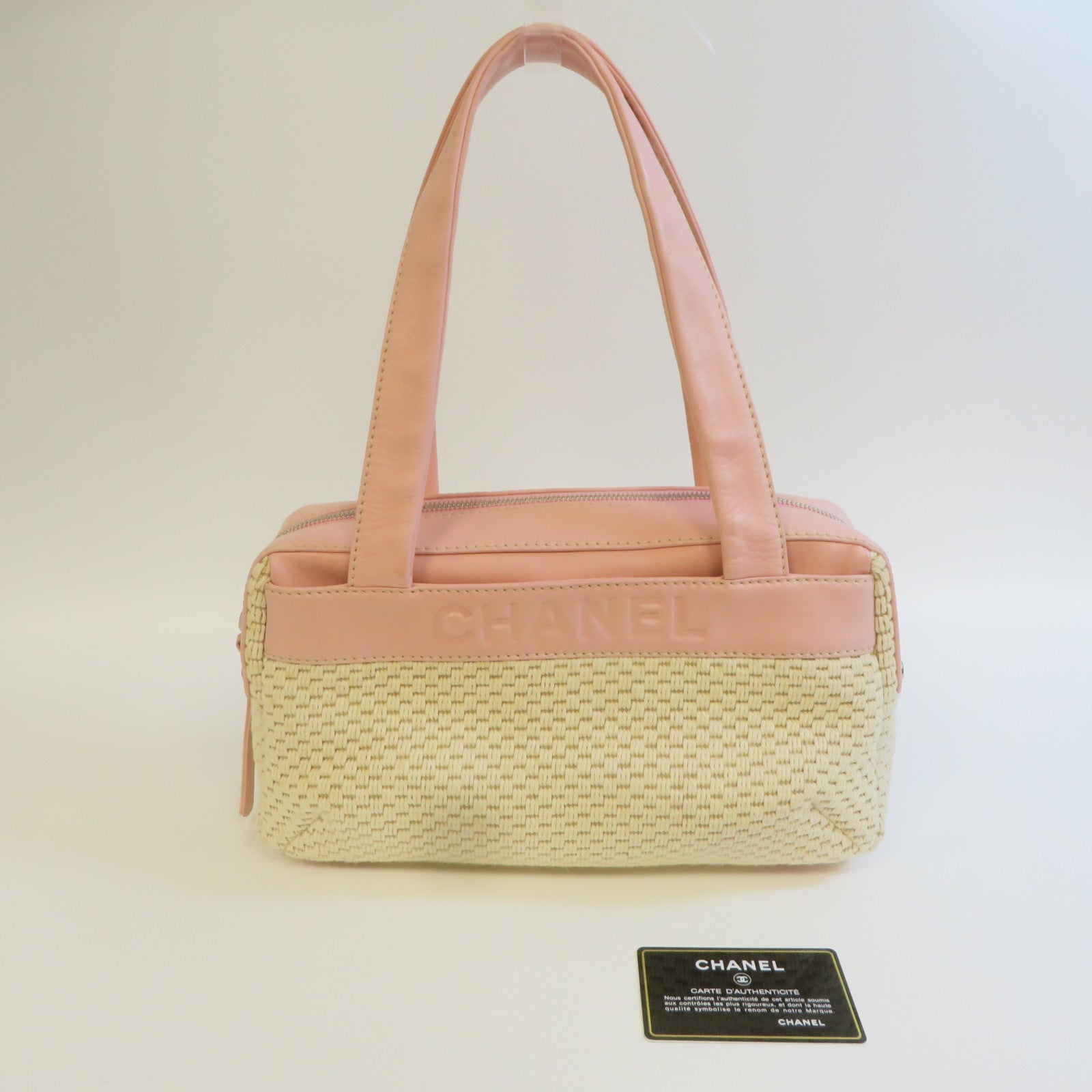 CHANEL 帆布Shoulder Bag銀扣肩背袋粉紅色/白色