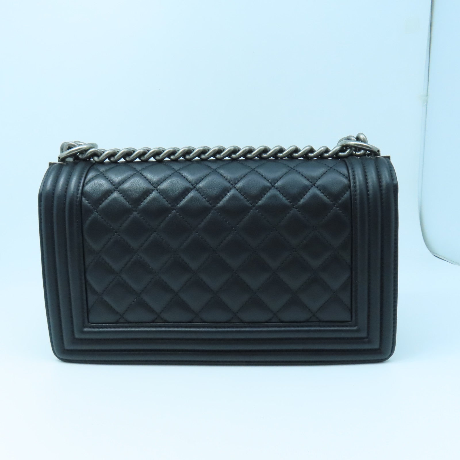 CHANEL Rhombus Sheepskin Leather Boy 25 Silver Buckle Chain Shoulder Bag Black