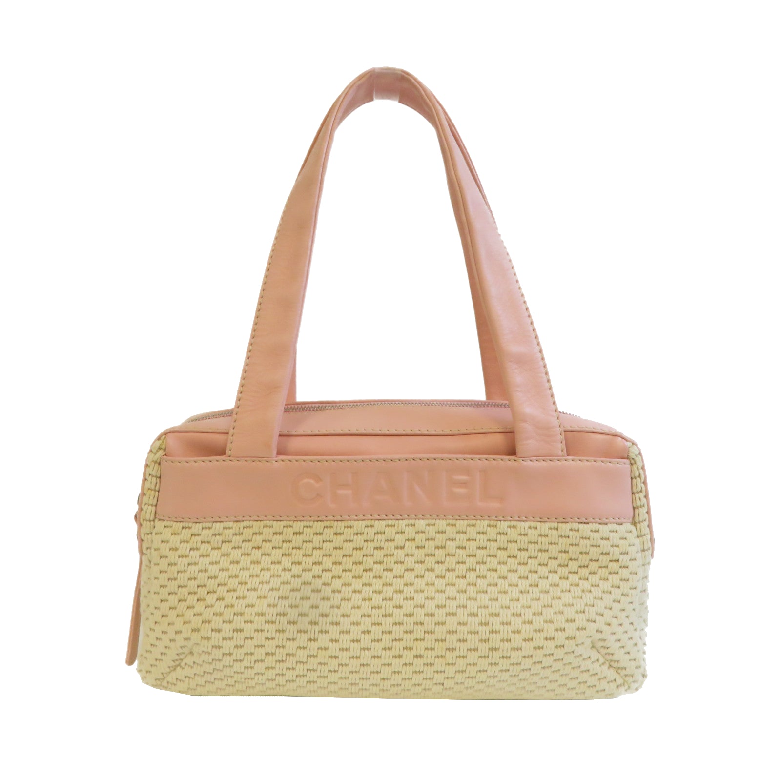 CHANEL 帆布Shoulder Bag銀扣肩背袋粉紅色/白色