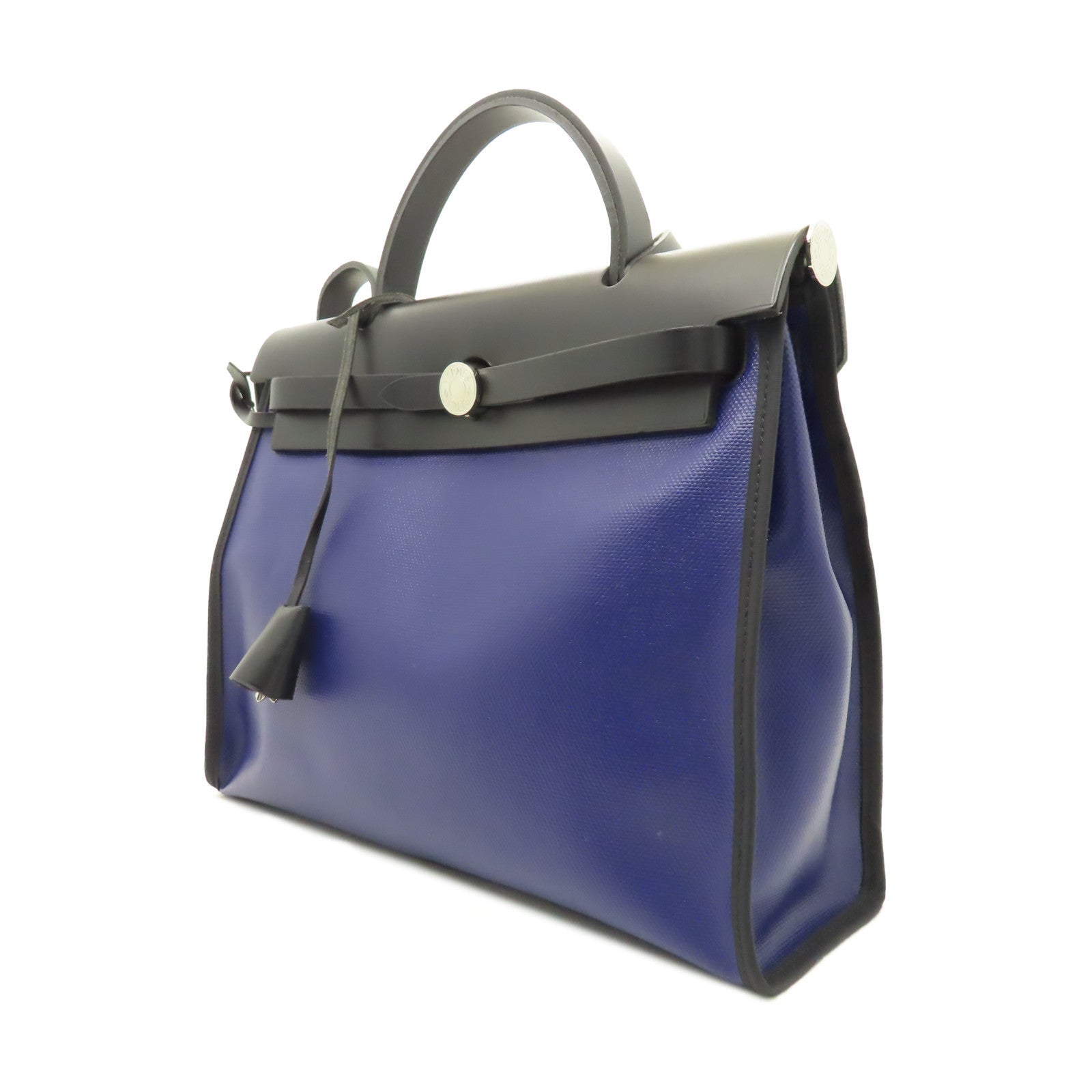 HERMES 塗層帆布HerBag PM銀扣手挽肩背兩用袋藍色/黑色