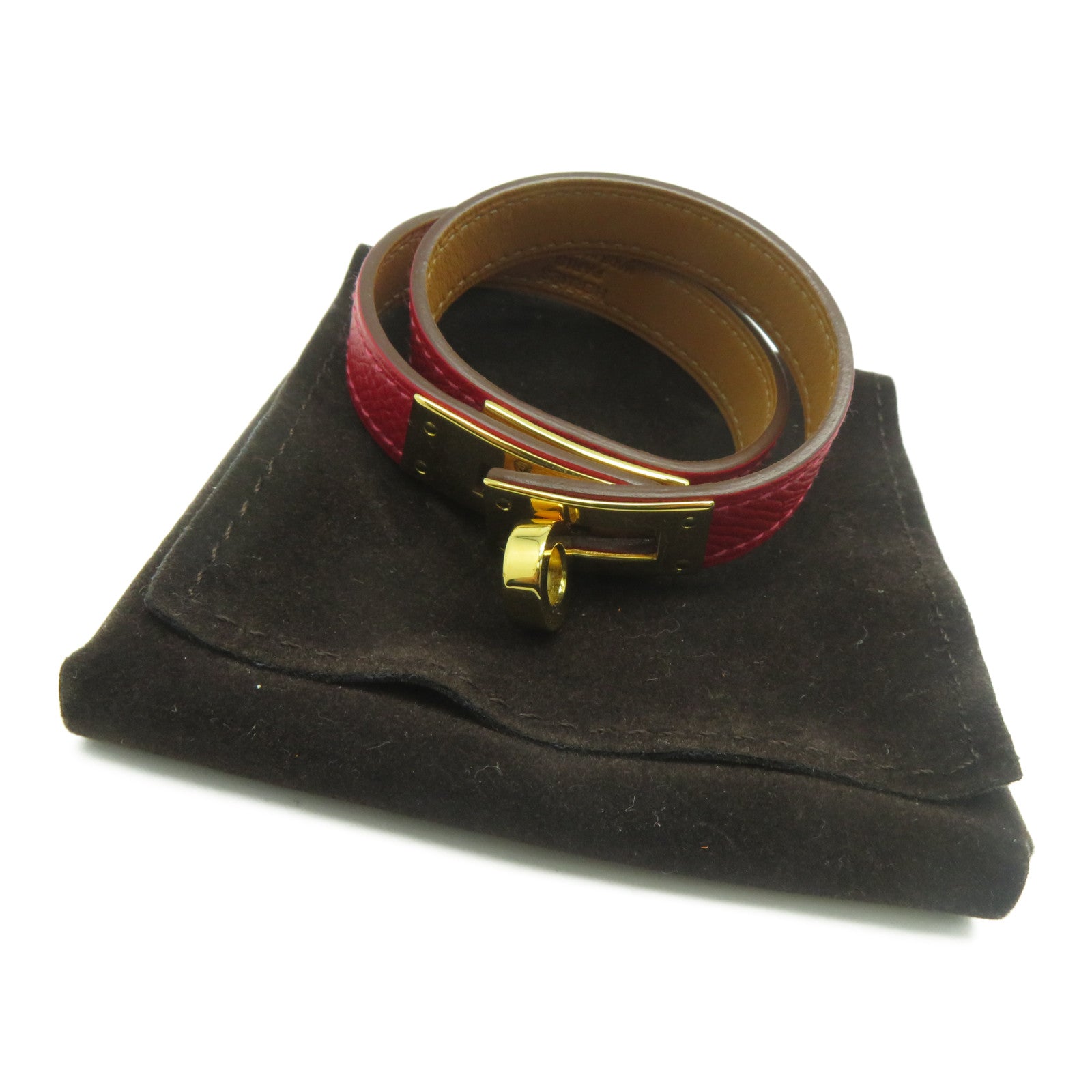 HERMES Epsom皮革Kelly Double Tour金扣手鐲紅色
