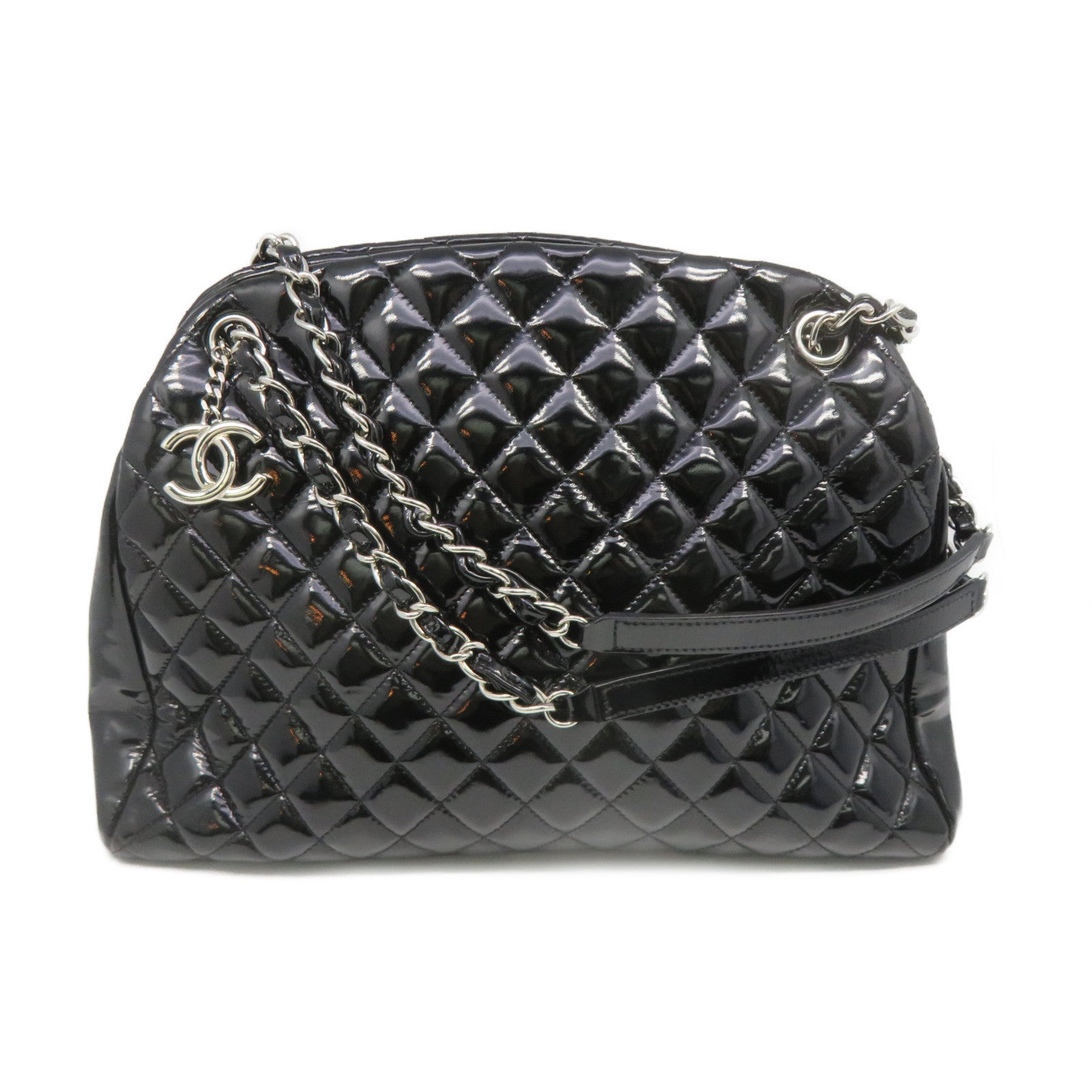 CHANEL 菱格漆皮皮革Chain Shoulder Bag银扣链带肩背袋黑色