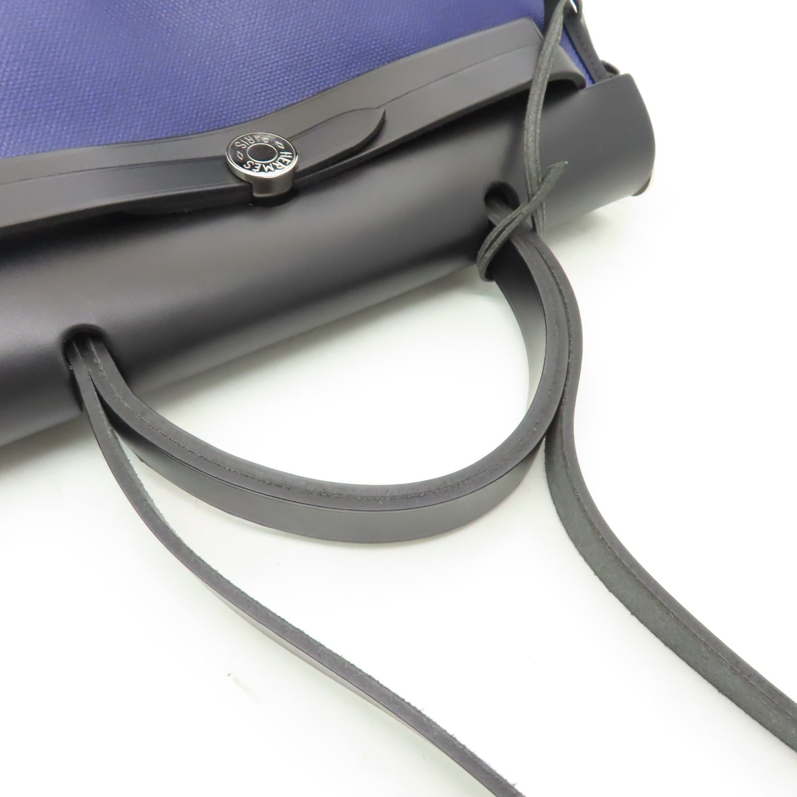 HERMES 塗層帆布HerBag PM銀扣手挽肩背兩用袋藍色/黑色
