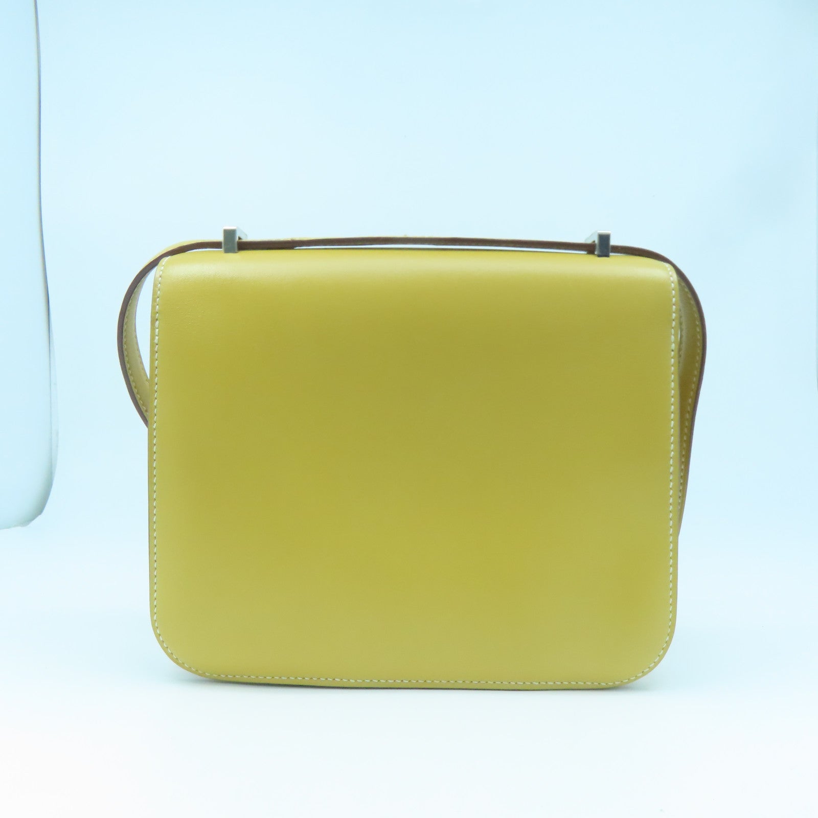 HERMES Tadelakt Leather / Lizard Leather Mini Constance Silver Buckle Shoulder Bag Straw Yellow