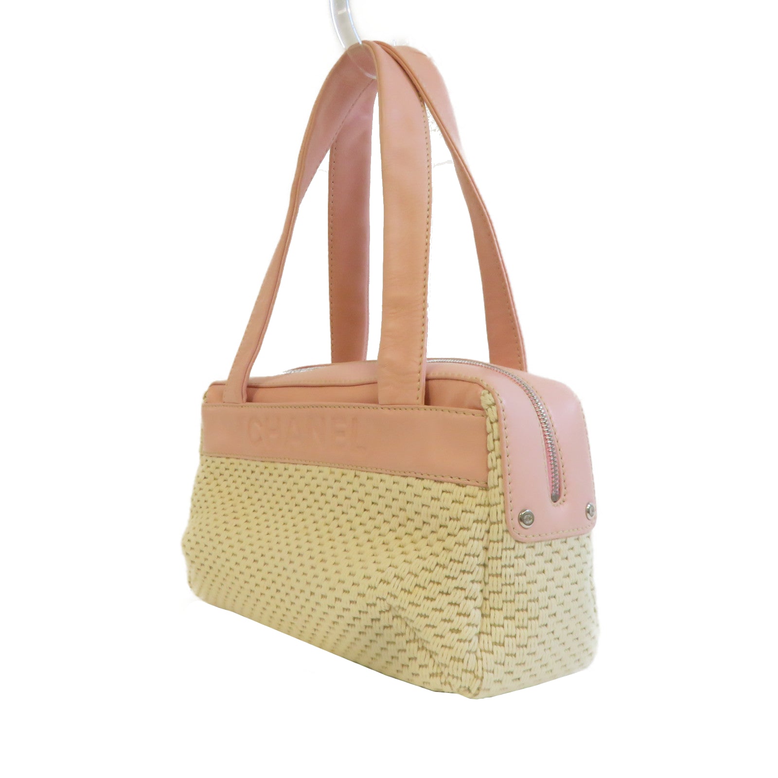 CHANEL 帆布Shoulder Bag銀扣肩背袋粉紅色/白色