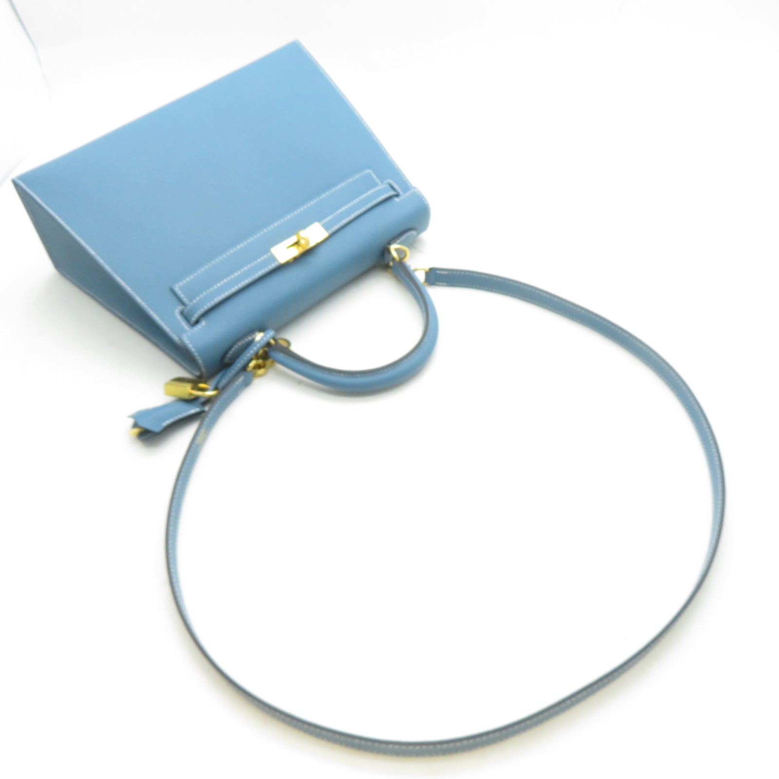 HERMES Epsom皮革Kelly 25金扣手挽肩背兩用袋New Bleu Jean新牛仔藍色