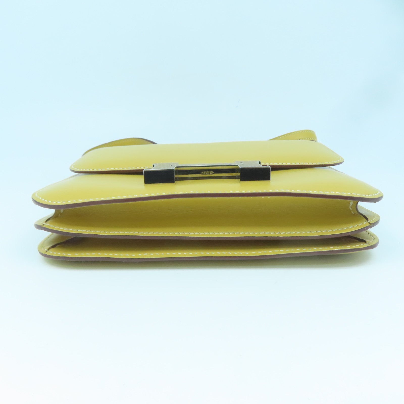 HERMES Tadelakt Leather / Lizard Leather Mini Constance Silver Buckle Shoulder Bag Straw Yellow