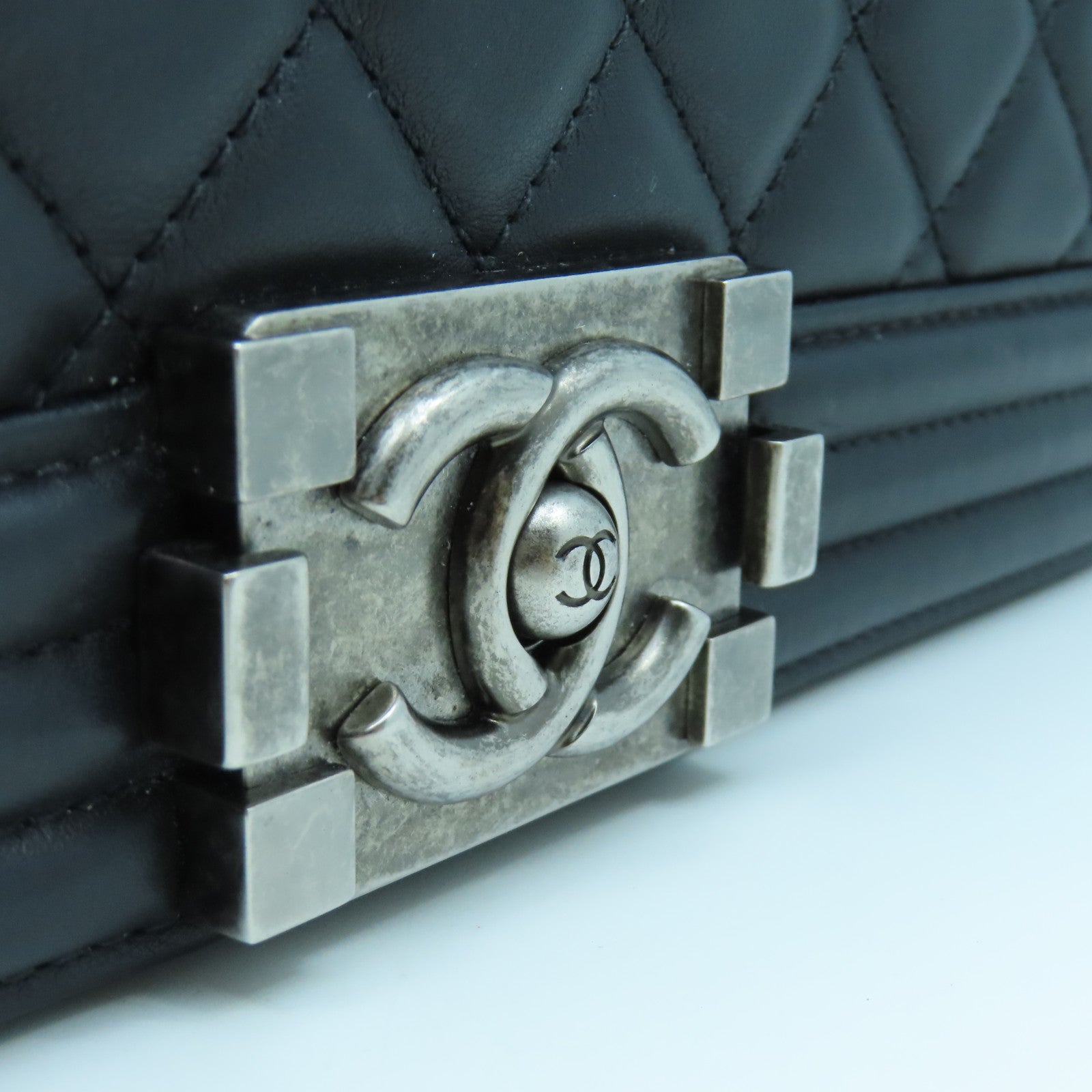 CHANEL Rhombus Sheepskin Leather Boy 25 Silver Buckle Chain Shoulder Bag Black