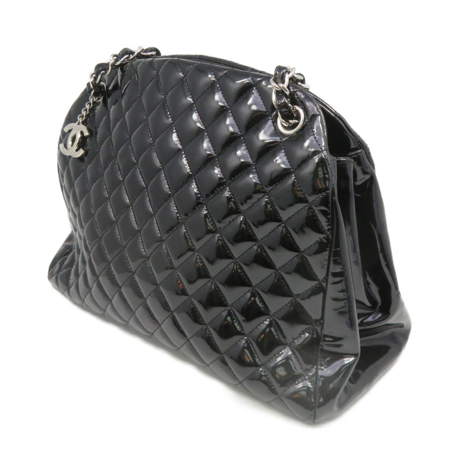 CHANEL 菱格漆皮皮革Chain Shoulder Bag银扣链带肩背袋黑色