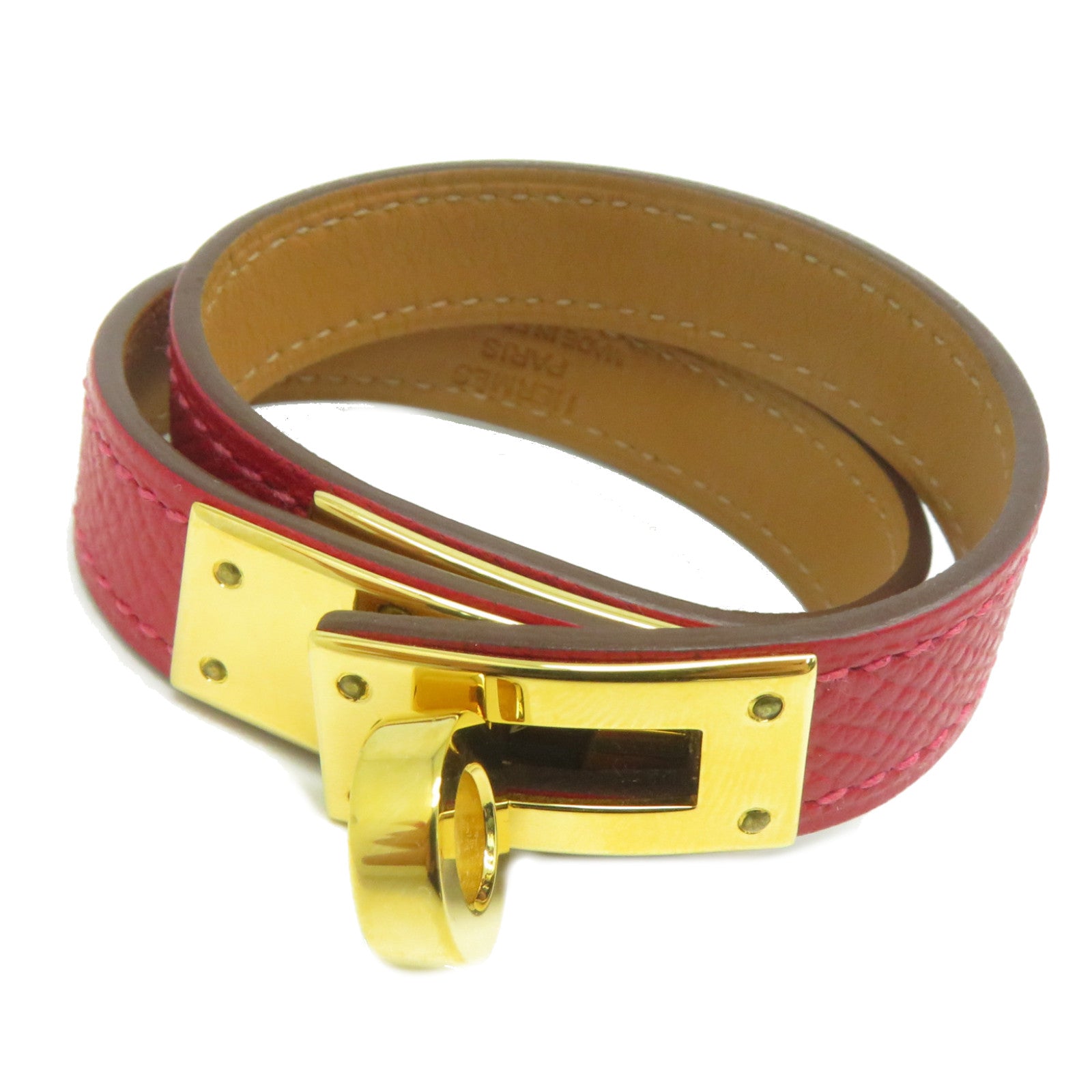 HERMES Epsom皮革Kelly Double Tour金扣手鐲紅色