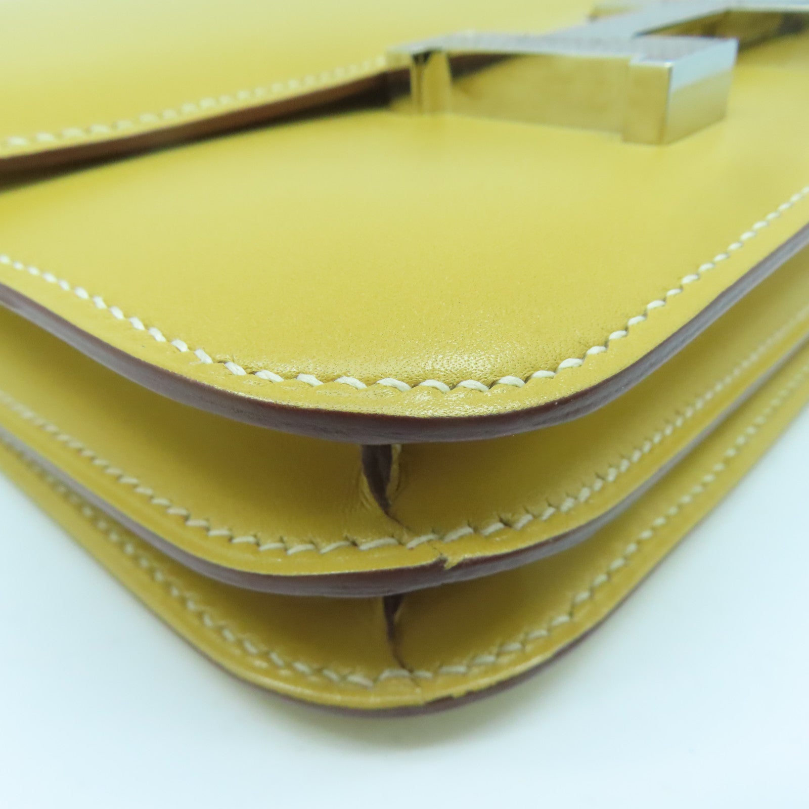 HERMES Tadelakt Leather / Lizard Leather Mini Constance Silver Buckle Shoulder Bag Straw Yellow