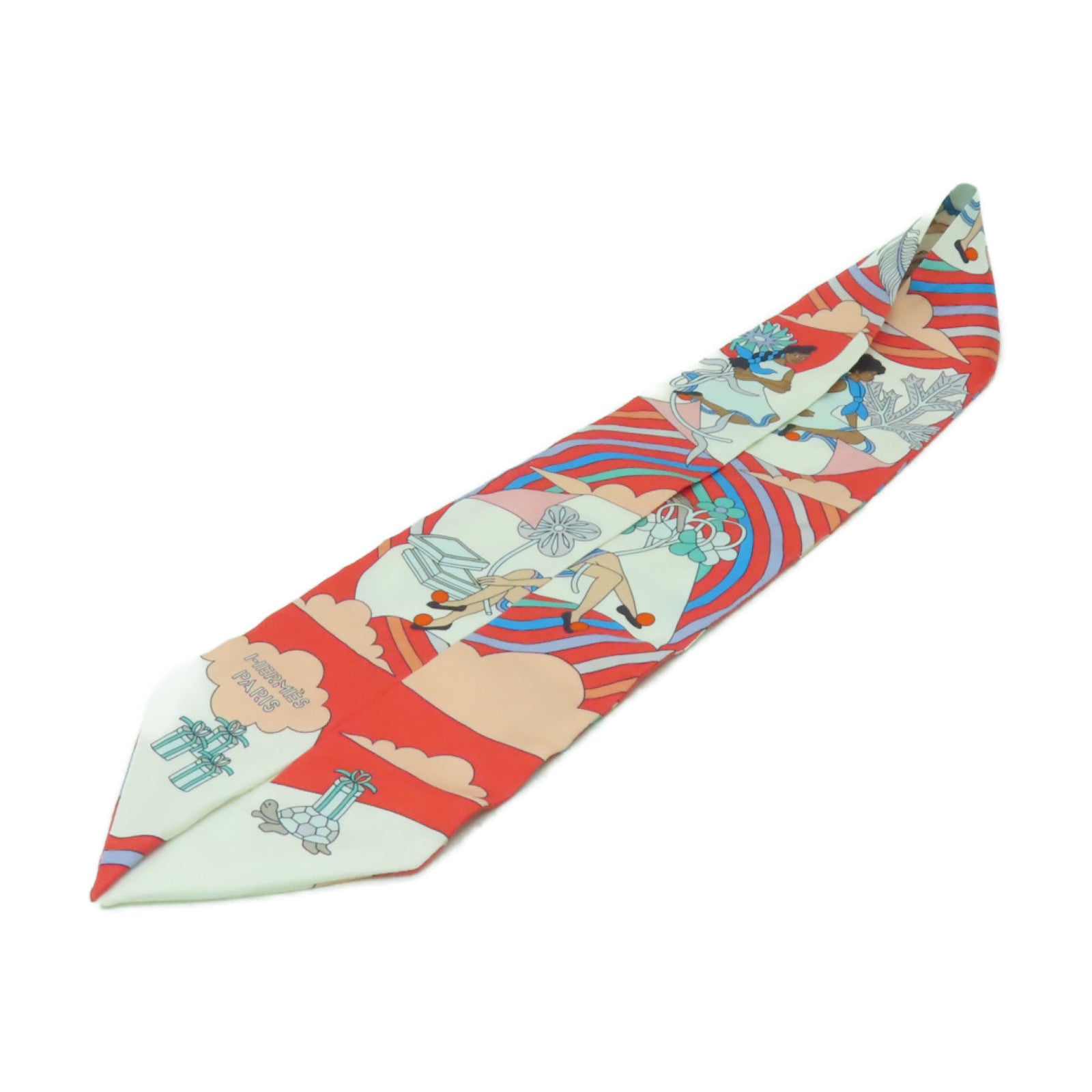 HERMES 絲質Twilly絲巾橙色/白色