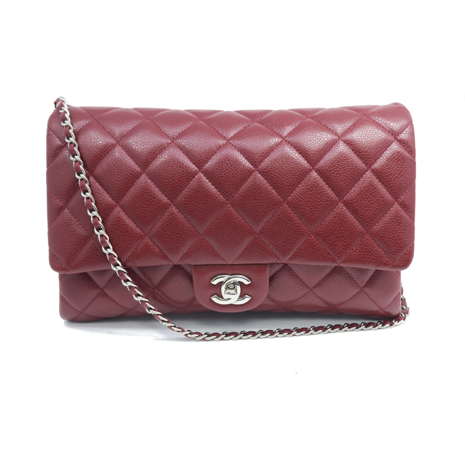 CHANEL 菱格Caviar皮革Clutch With Chain银扣链带肩背袋红色