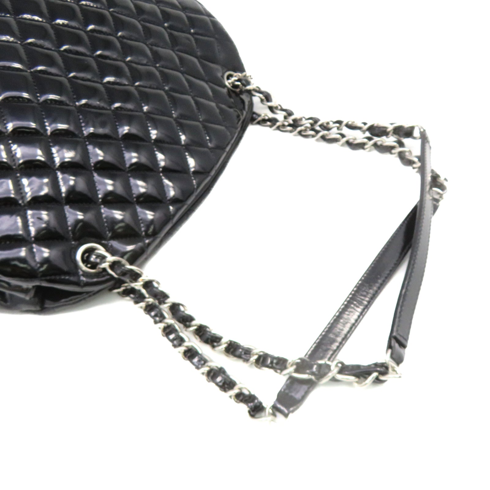 CHANEL 菱格漆皮皮革Chain Shoulder Bag银扣链带肩背袋黑色