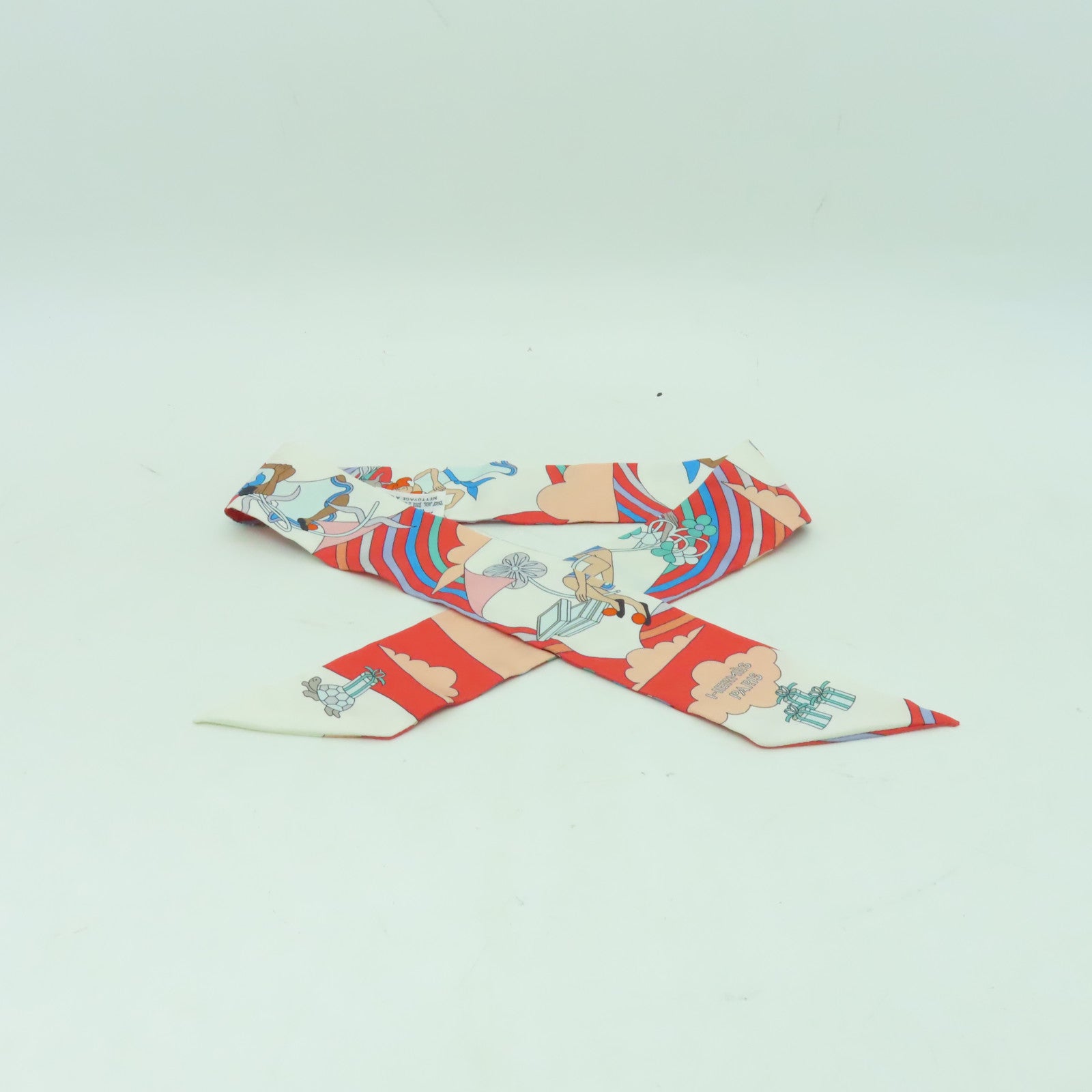 HERMES 絲質Twilly絲巾橙色/白色