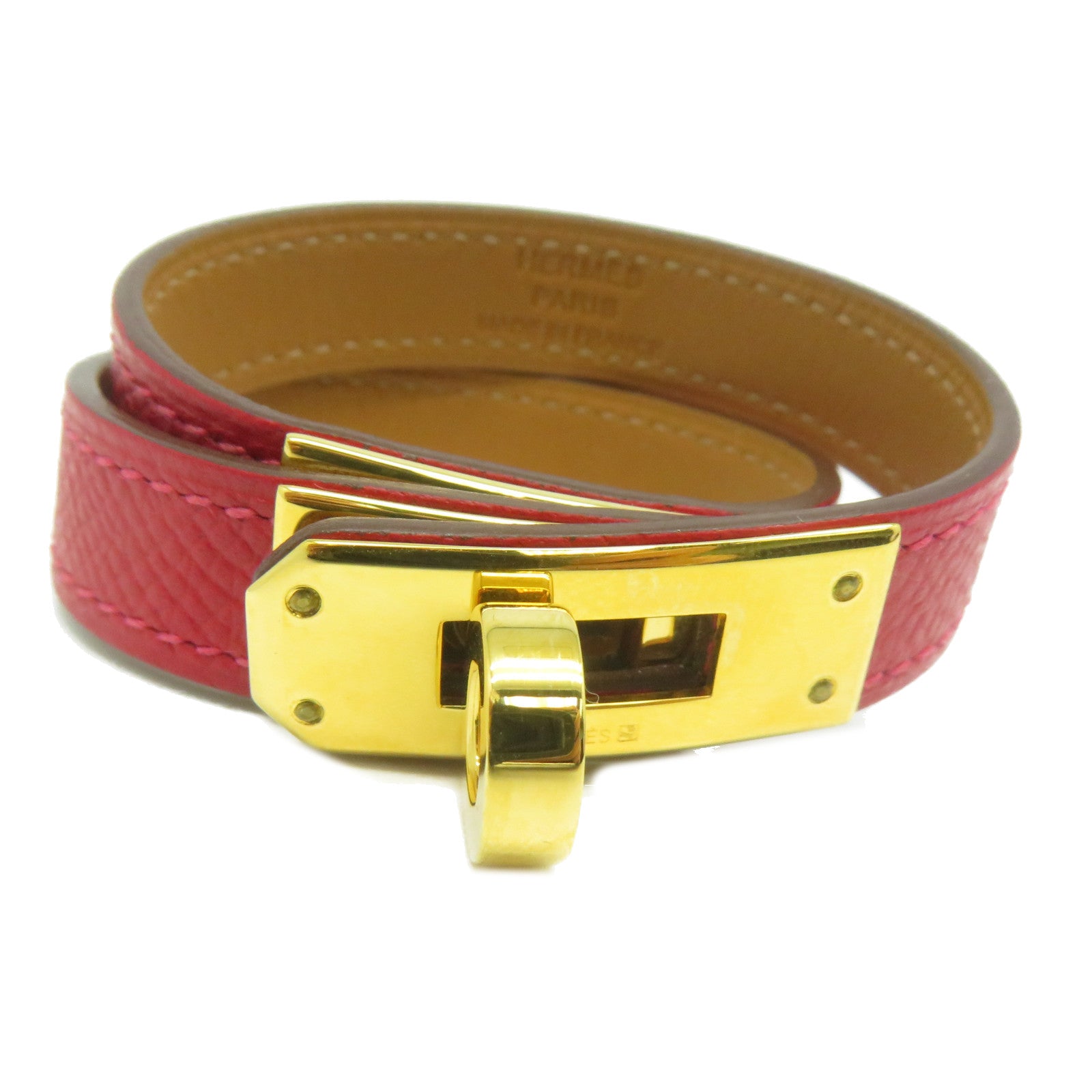 HERMES Epsom皮革Kelly Double Tour金扣手鐲紅色