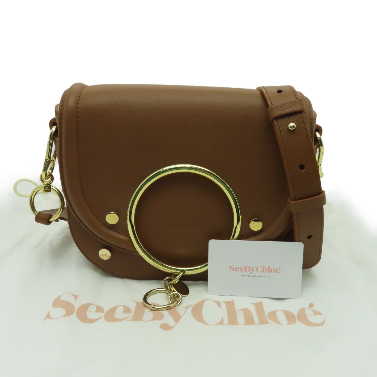 SEE BY CHLOE 牛皮皮革Shoulder Bag金扣肩背袋棕色