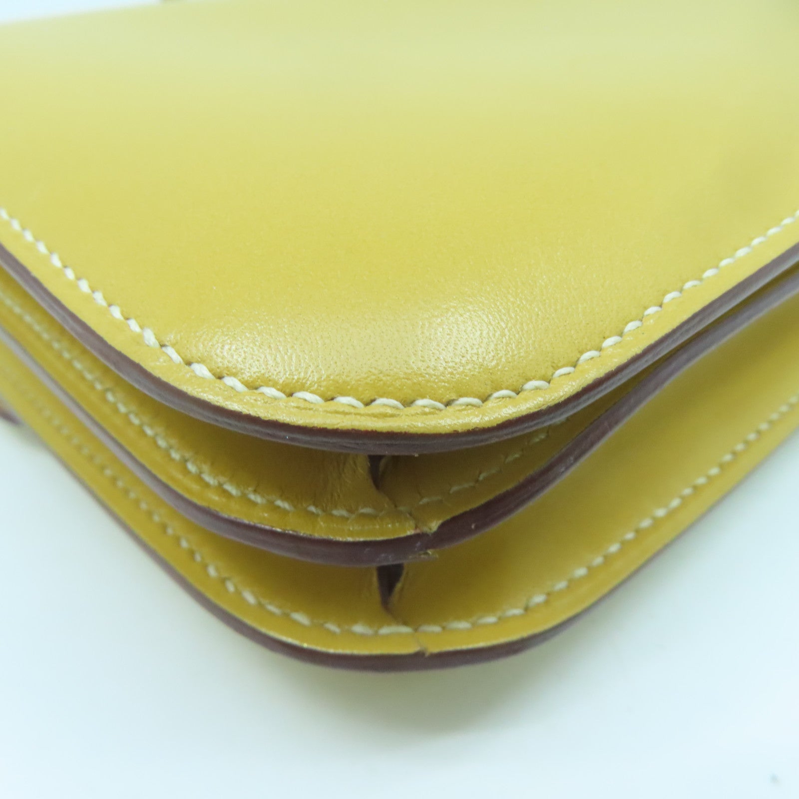 HERMES Tadelakt Leather / Lizard Leather Mini Constance Silver Buckle Shoulder Bag Straw Yellow