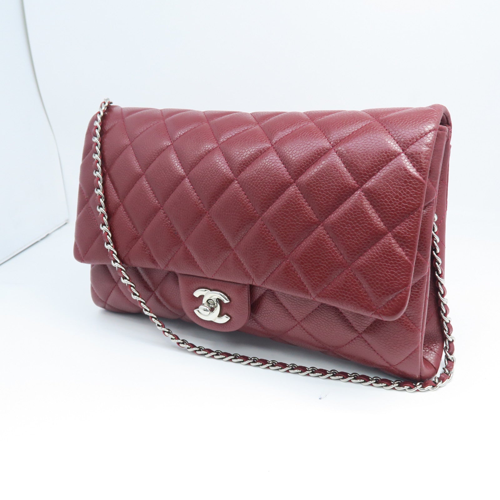 CHANEL 菱格Caviar皮革Clutch With Chain银扣链带肩背袋红色