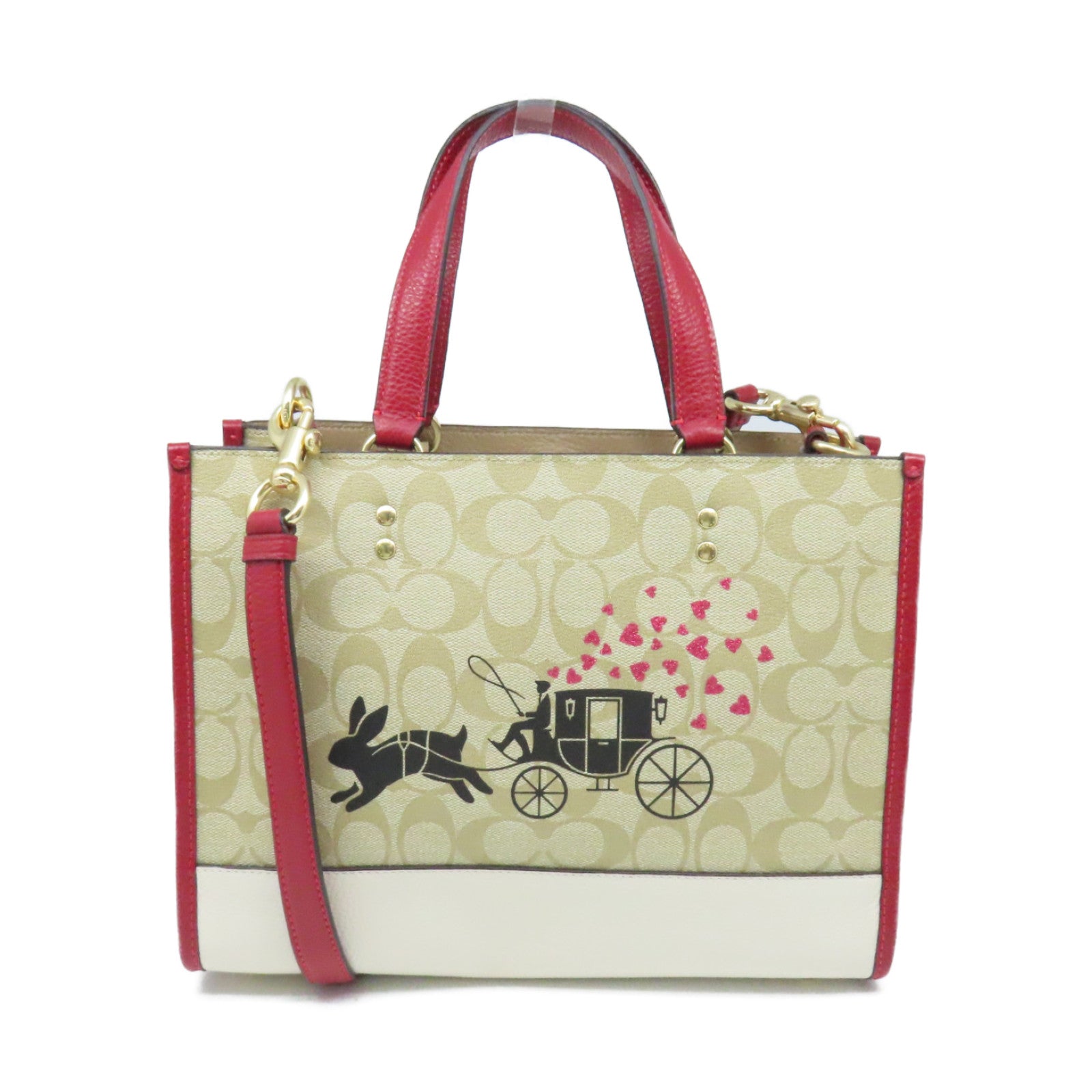 COACH 塗層帆布/牛皮皮革2Way Shoulder Bag手挽肩背兩用袋杏色/紅色