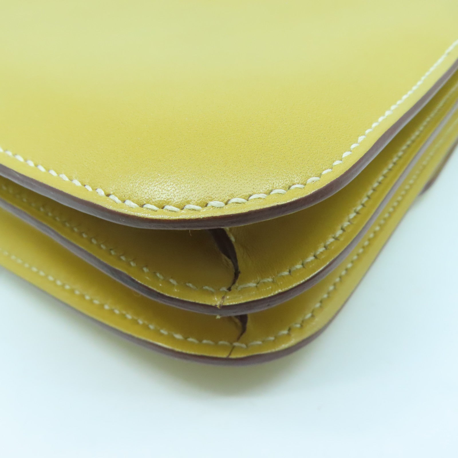 HERMES Tadelakt Leather / Lizard Leather Mini Constance Silver Buckle Shoulder Bag Straw Yellow