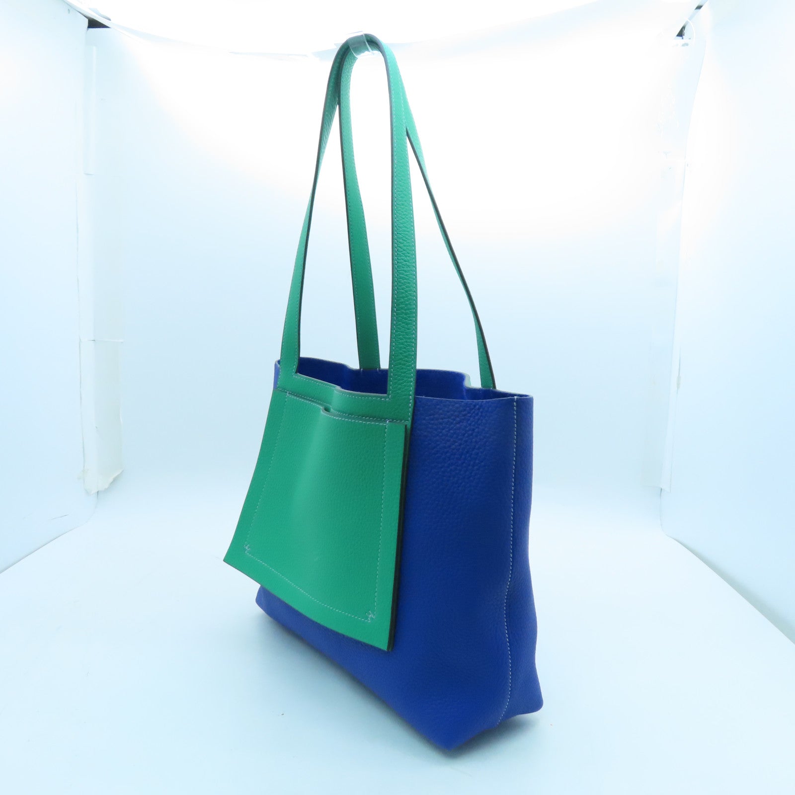 HERMES Clemence Leather Cabasellier 31 Shoulder Bag Royal Blue / Green