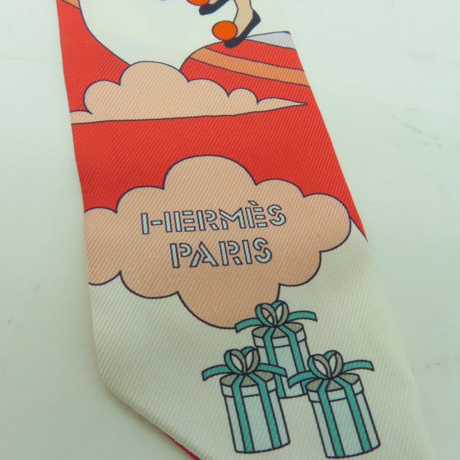 HERMES 絲質Twilly絲巾橙色/白色