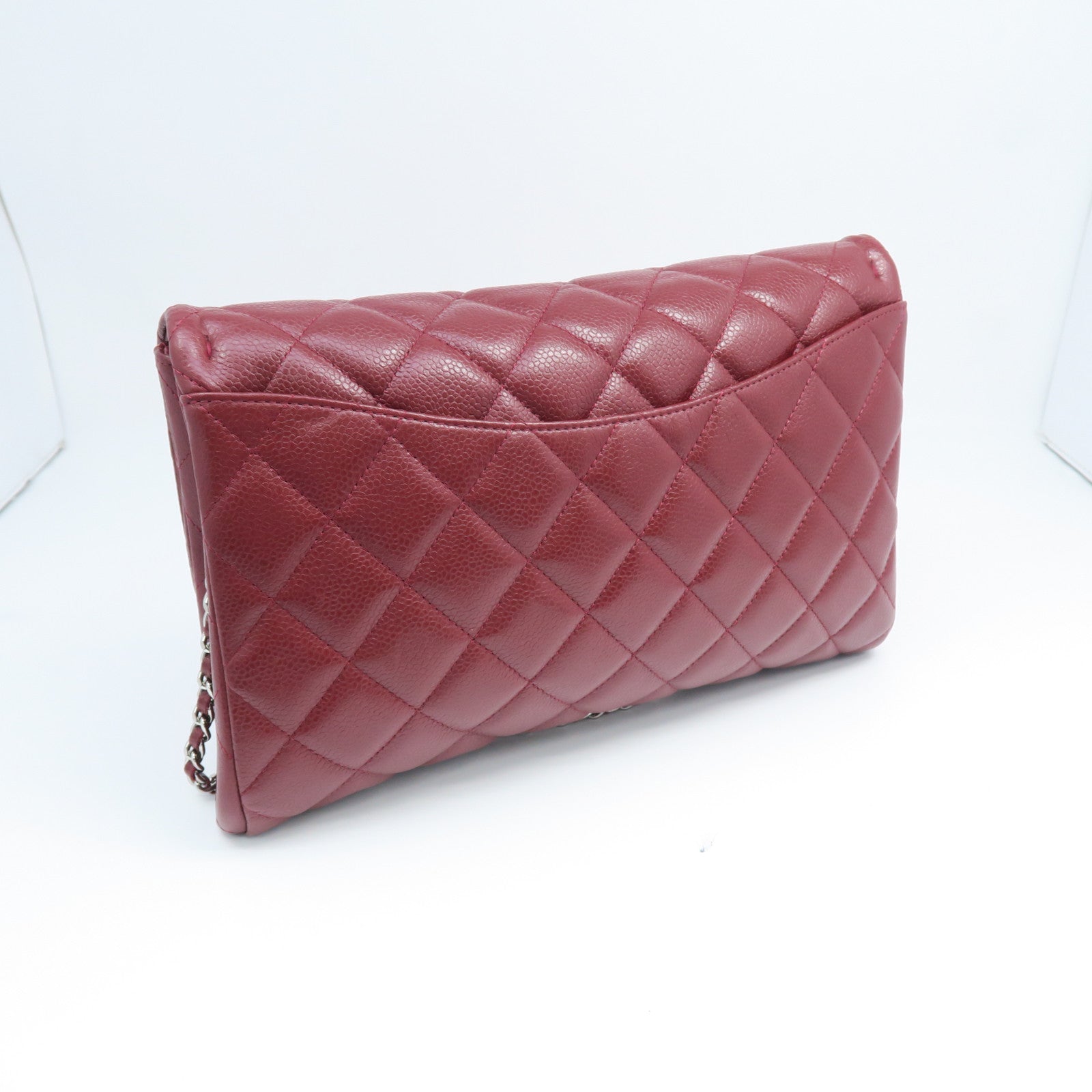 CHANEL 菱格Caviar皮革Clutch With Chain银扣链带肩背袋红色