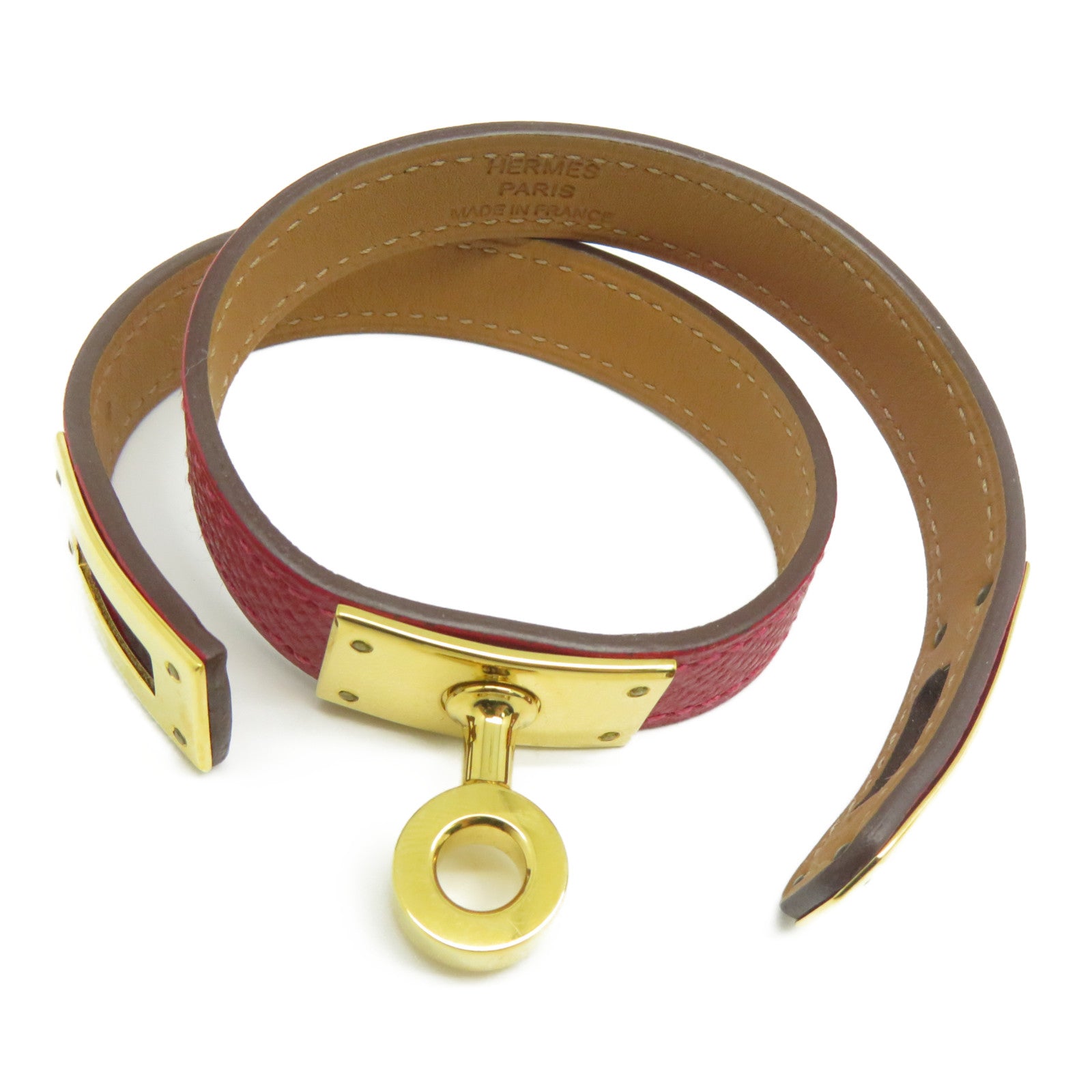 HERMES Epsom皮革Kelly Double Tour金扣手鐲紅色