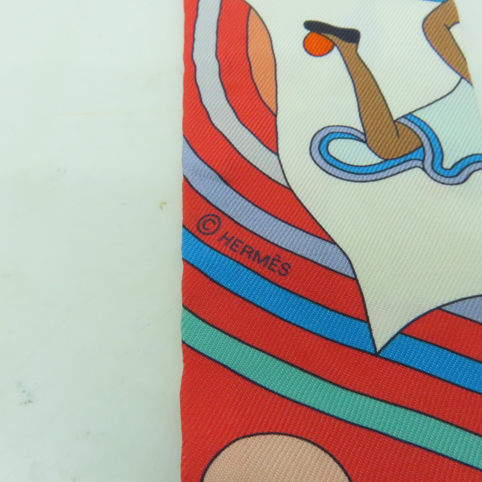 HERMES 絲質Twilly絲巾橙色/白色