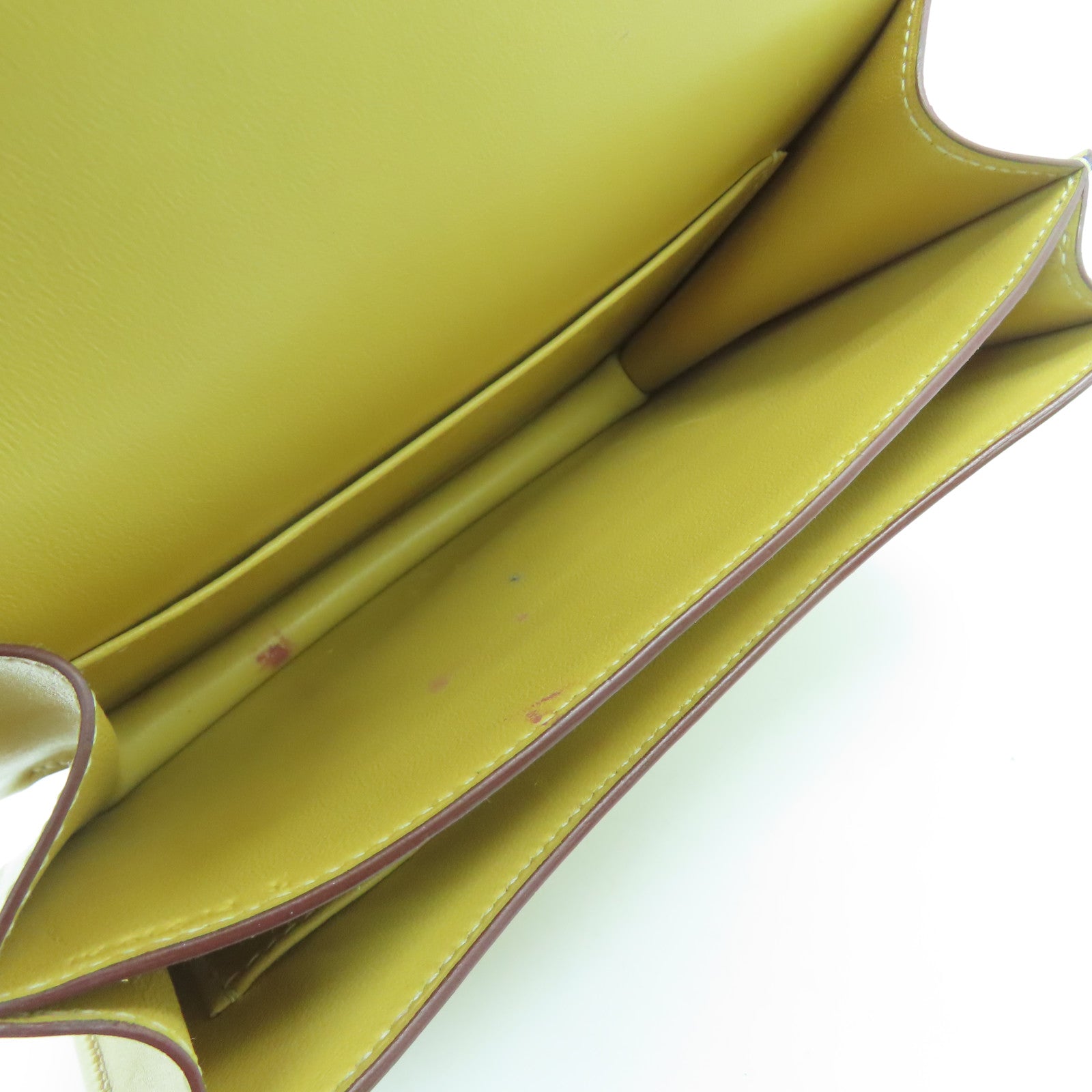 HERMES Tadelakt Leather / Lizard Leather Mini Constance Silver Buckle Shoulder Bag Straw Yellow