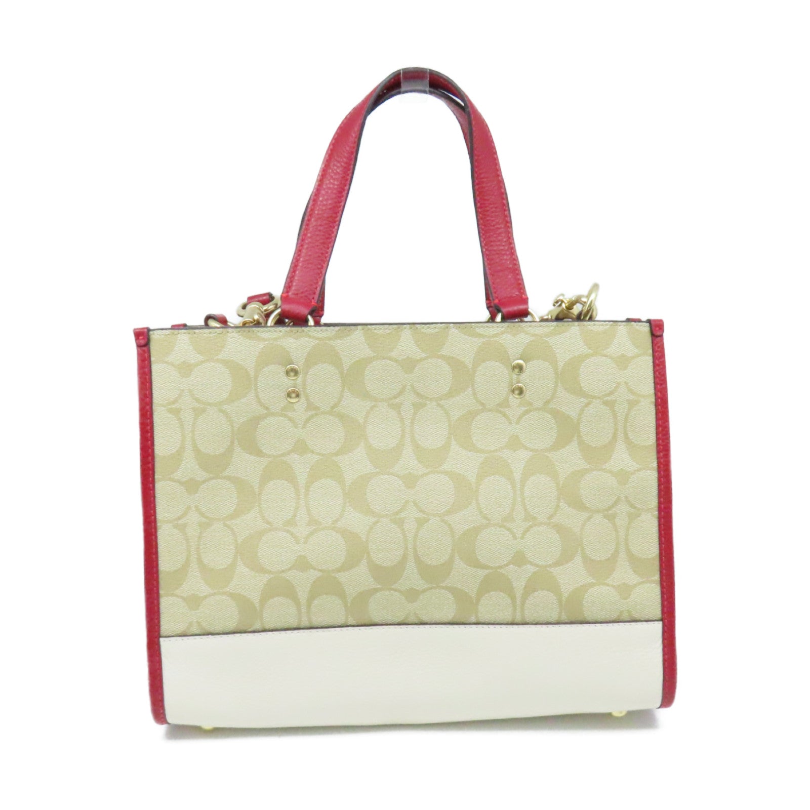 COACH 塗層帆布/牛皮皮革2Way Shoulder Bag手挽肩背兩用袋杏色/紅色